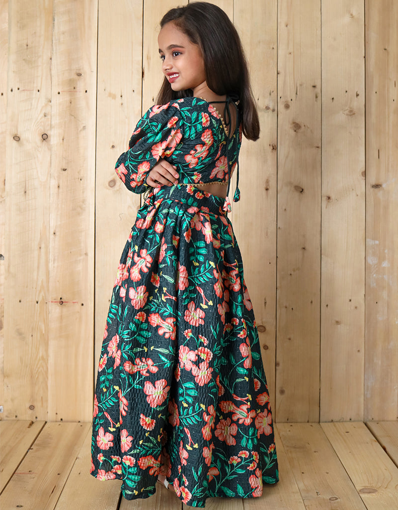 Stylish All-Season Kids Lehenga Choli Set - Green Digital Print with Sequins & Crochet Details for Festivals, Weddings & Special Occasions