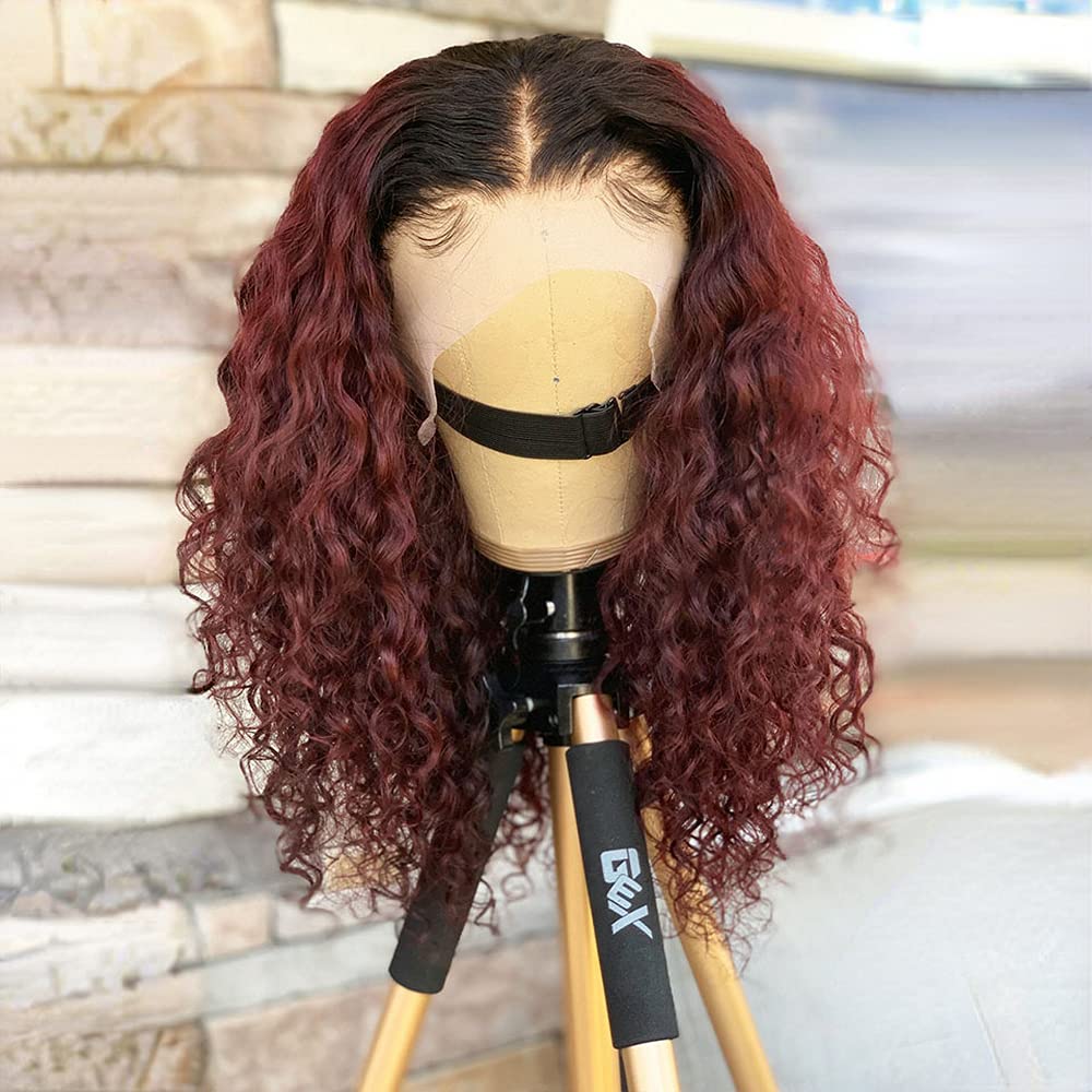 Ombre Curly Transparent Lace Front Human Hair Wig - Pre Plucked 1B/99J Water Wave 13×6 Lace Frontal Wig for Black Women | Bleached Knots, Glueless, Brazilian Remy Hair 150% Density 20 Inch | Perfect for Daily Wear, Parties & Special Occasions