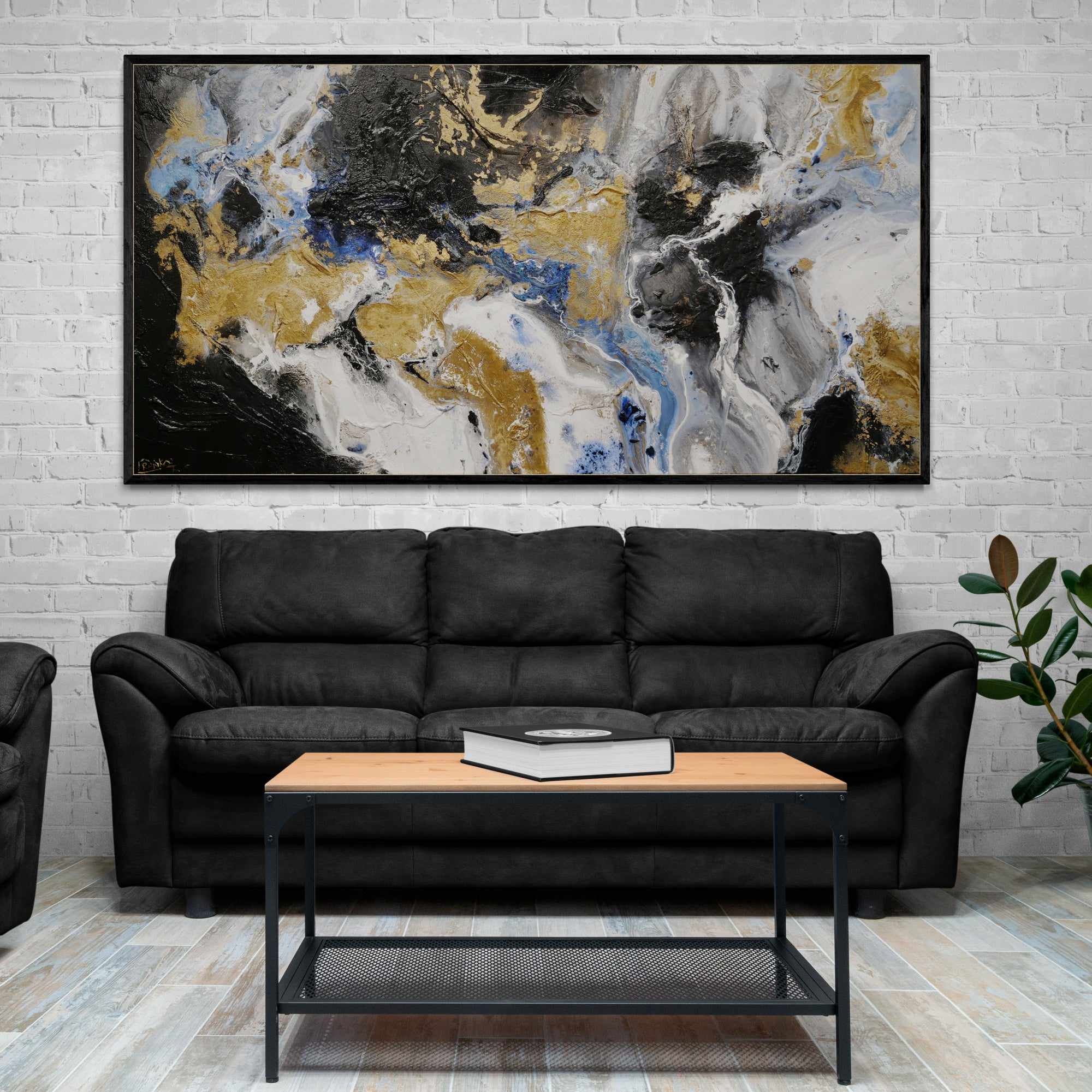 Golden Potion 190cm x 100cm Paynes Grey Gold Black Textured Abstract Canvas Art - Modern Wall Decor for Living Room, Bedroom & Office
