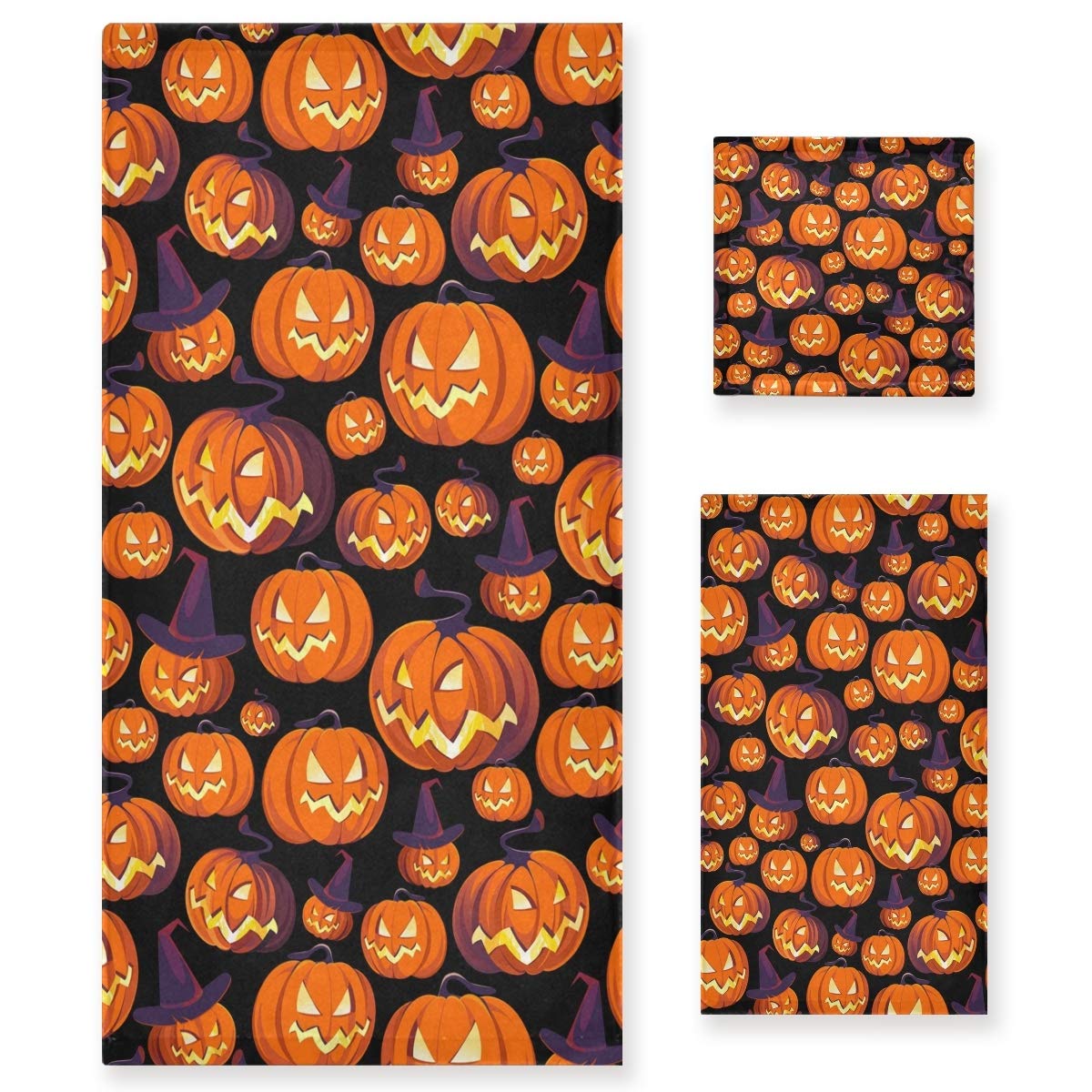 Halloween Pumpkin Floral Pattern Luxury Bath Towel Set - 1 Bath Towel, 1 Hand Towel & 1 Washcloth - Soft Absorbent Cotton for Bathroom, Spa, Hotel & Gym - Perfect for Fall Decor, Thanksgiving & Cozy Home Decor