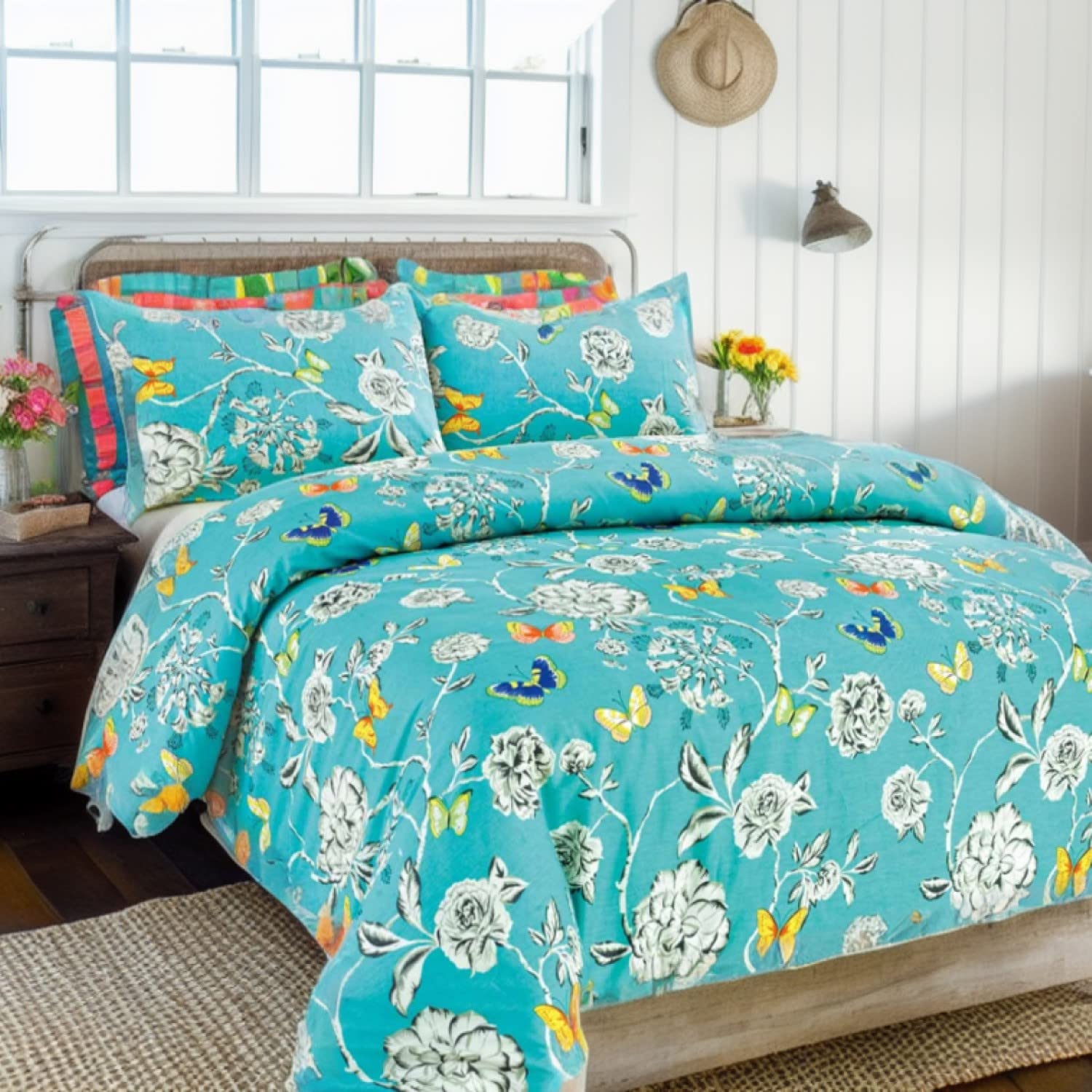 Tache Aqua Floral Duvet Cover California King Size - Butterfly Wonderland Design - 100% Luxurious Cotton Duvet Cover with Zipper Closure & Security Ties - 3 Piece Bedding Set - Perfect for Master Bedrooms, Guest Rooms & Luxury Hotels