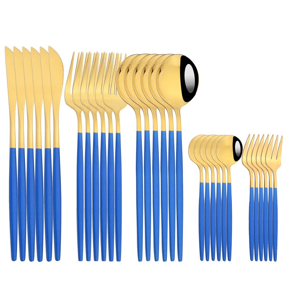 30-Piece Stainless Steel Silverware Set - Mirror Cutlery for Wedding, Party & Dining - Dishwasher Safe Western Dinnerware Set (Blue Gold) - Perfect for 6-Person Dinner Parties, Holiday Gatherings & Restaurant Use