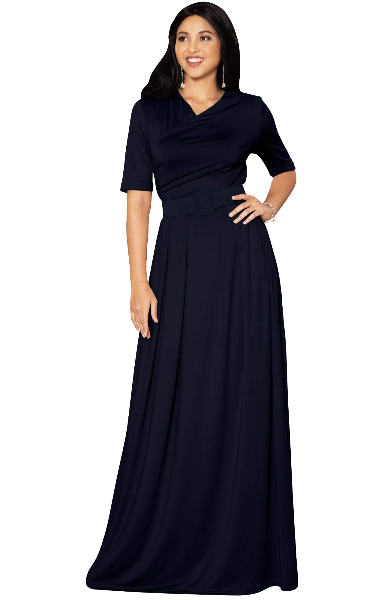 Elegant Women's Half Sleeve Long Maxi Evening Dress with Belt - Perfect for Formal Events, Weddings & Special Occasions