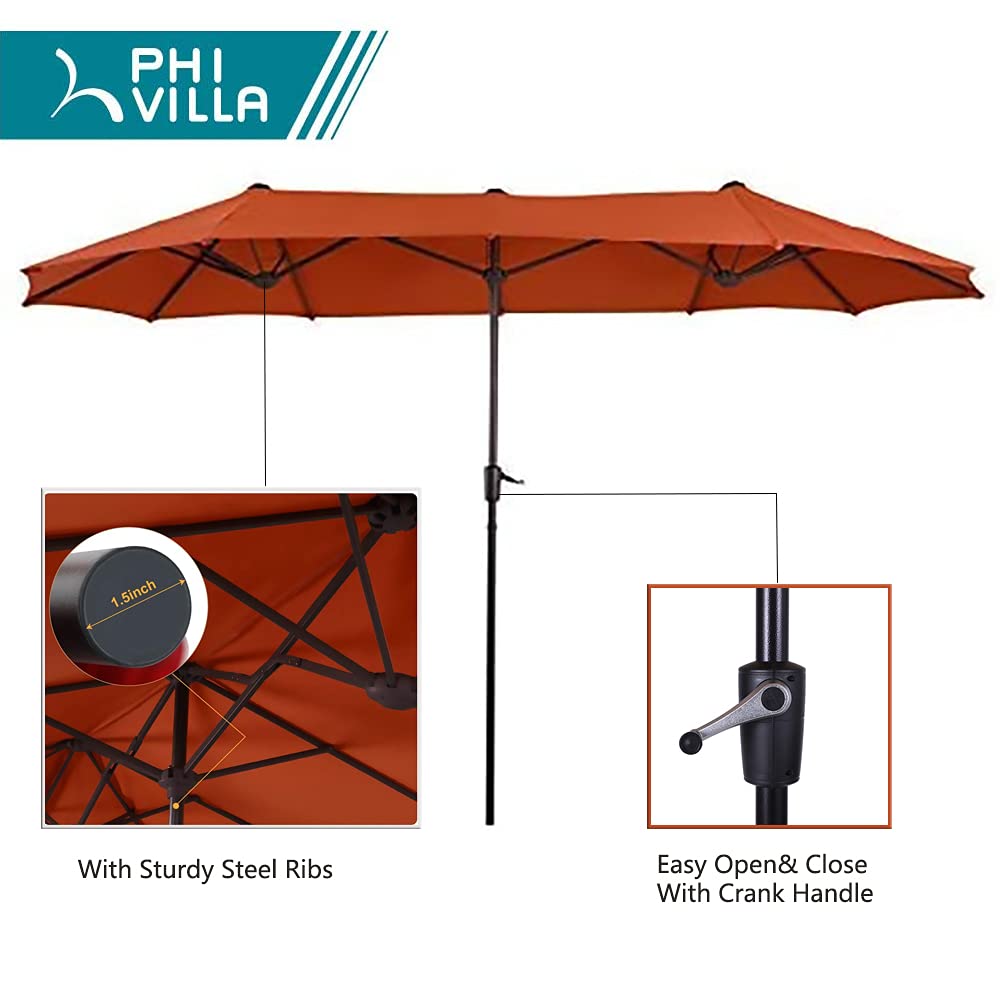 PHI VILLA 8-Piece Outdoor Patio Dining Set with 13ft Double-Sided Sun Umbrella (Orange Red) - 6 Stackable Metal Chairs & 60