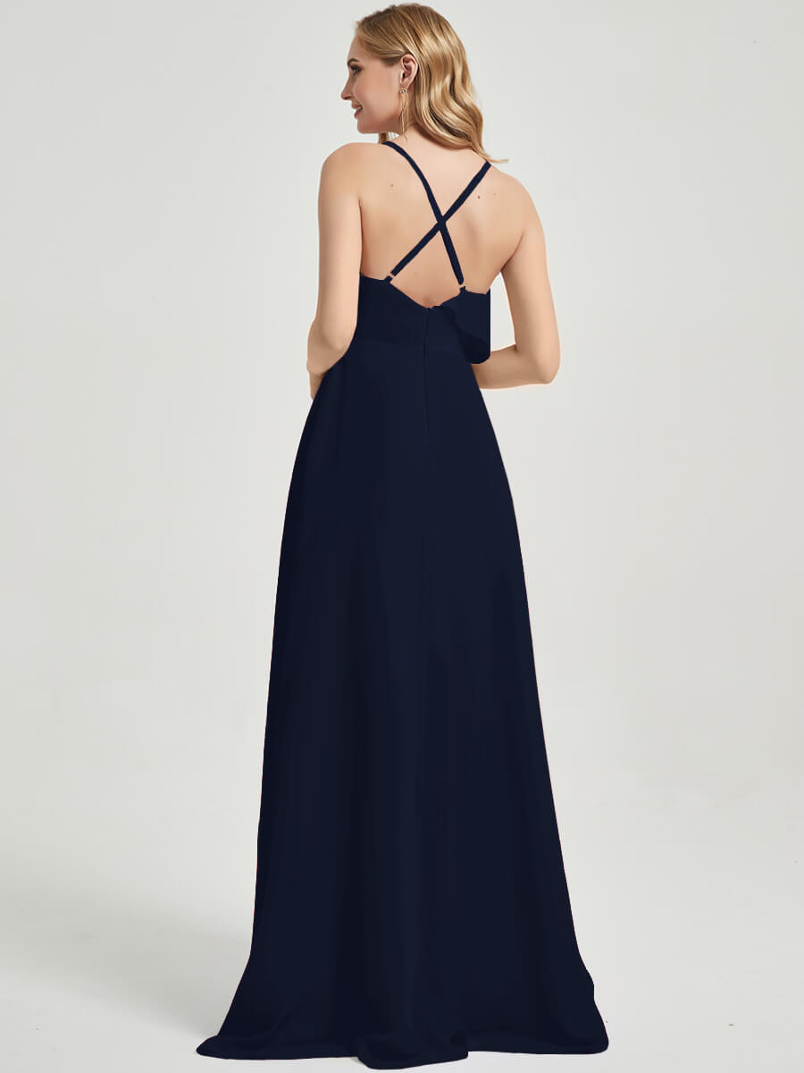 Elegant Dark Navy Chiffon Maxi Bridesmaid Dress with Criss-Cross Straps & Ruffles - Perfect for Weddings, Formal Events & Evening Parties