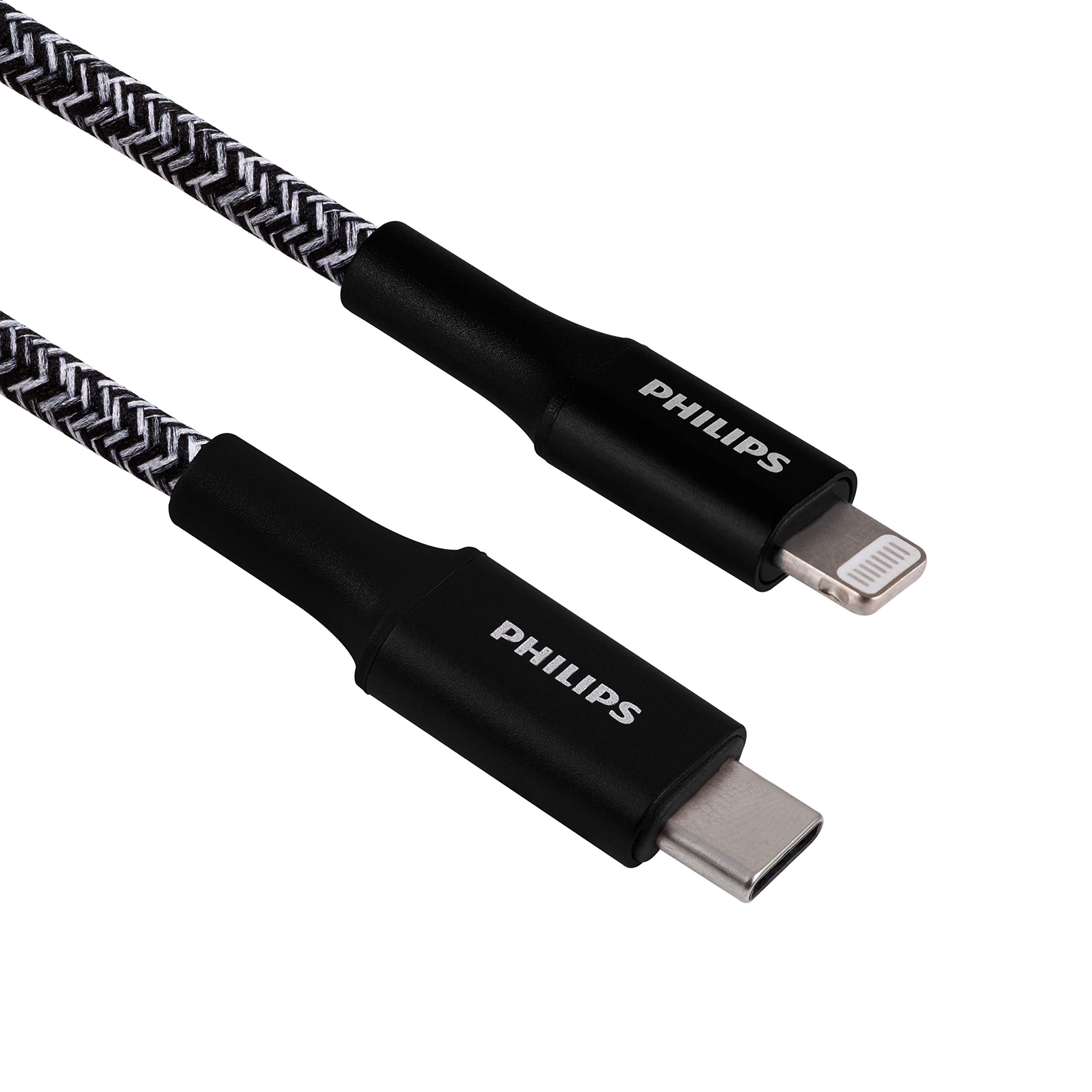 Philips USB-C to Lightning Cable 6in Braided - Fast Charging Cord for iPhone 12/11 Pro/X/8/8 Plus, iPad & AirPods - Durable Short Cable (2 Pack, Black) - Perfect for Travel, Car & Home Charging
