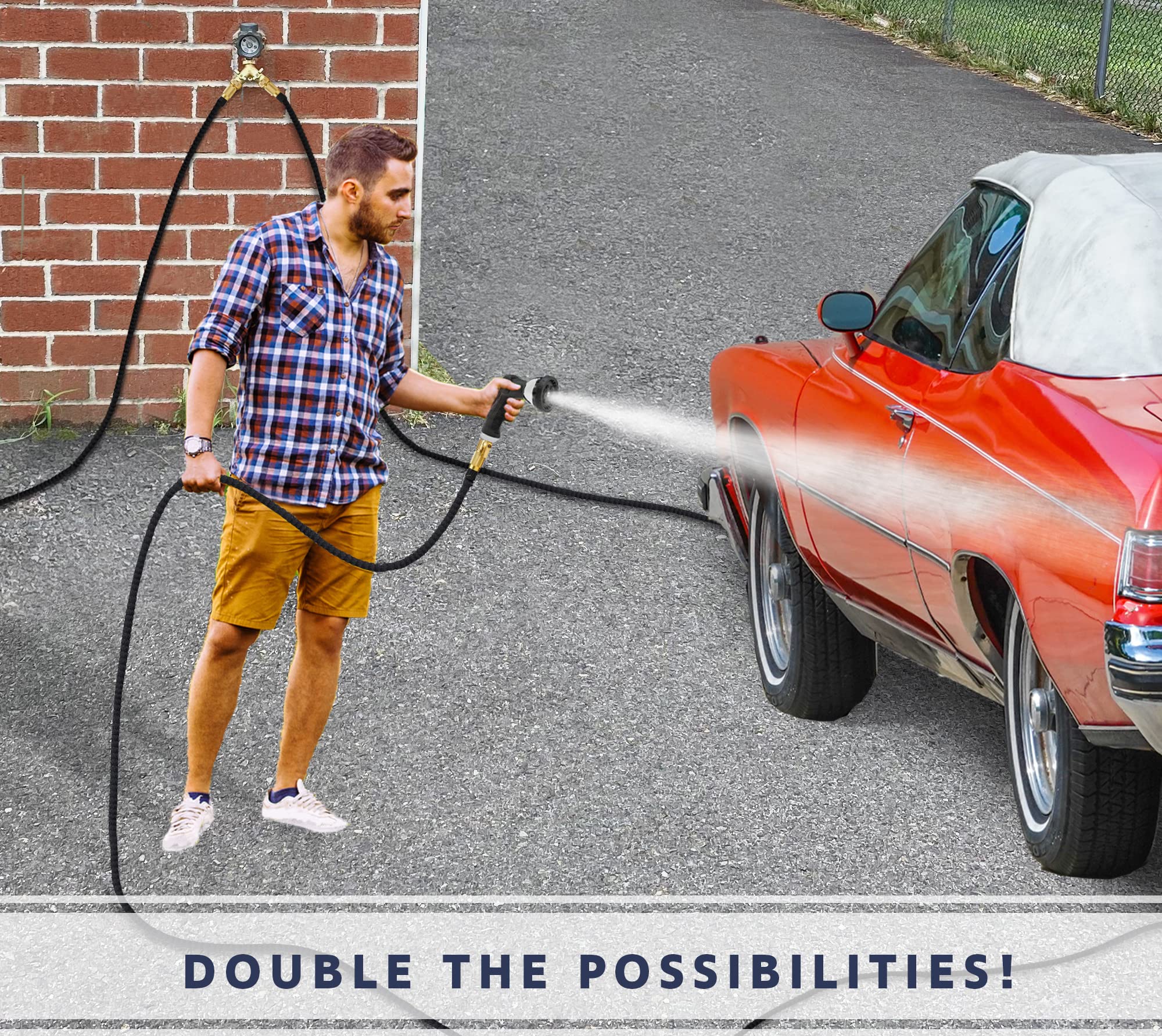Morvat 50ft Stainless Steel Garden Hose with All Brass Hose Splitter - Heavy Duty Water Hose for Lawn, Garden, Car Washing & Outdoor Cleaning