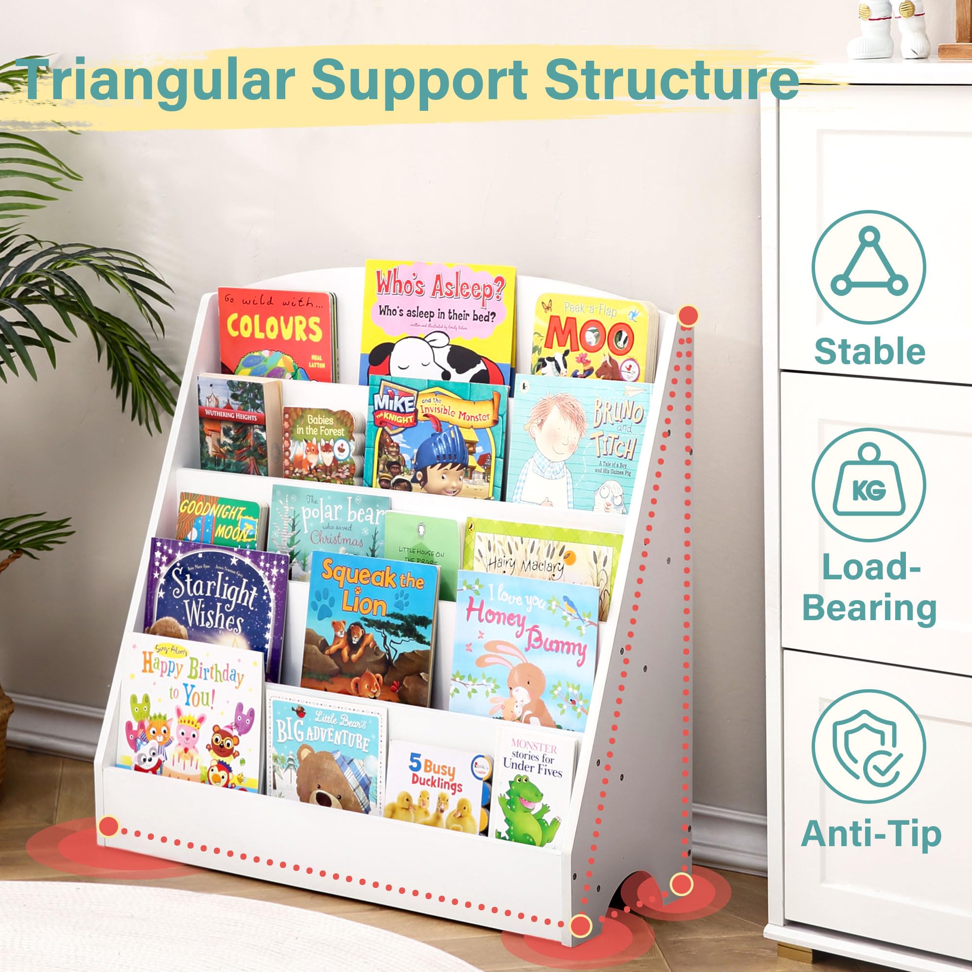 TOETOL 5-Tier Wooden Kids Bookshelf - Sturdy Toddler Book Display Organizer for Classroom, Playroom & Nursery - White Children's Book Storage Rack - Perfect for Daycare, Homeschool & Bedroom Reading Corner