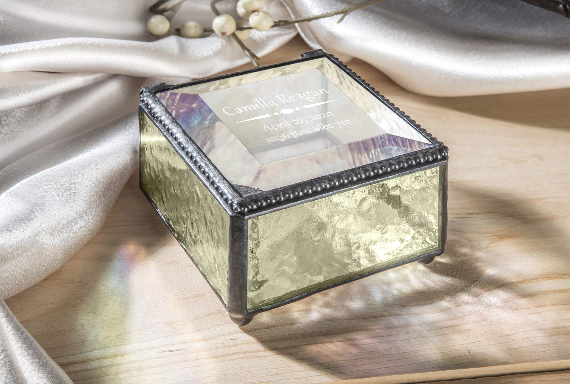 Personalized Baby Keepsake Box - Engraved Glass Jewelry Gift for Newborn Nursery Decor (Yellow)