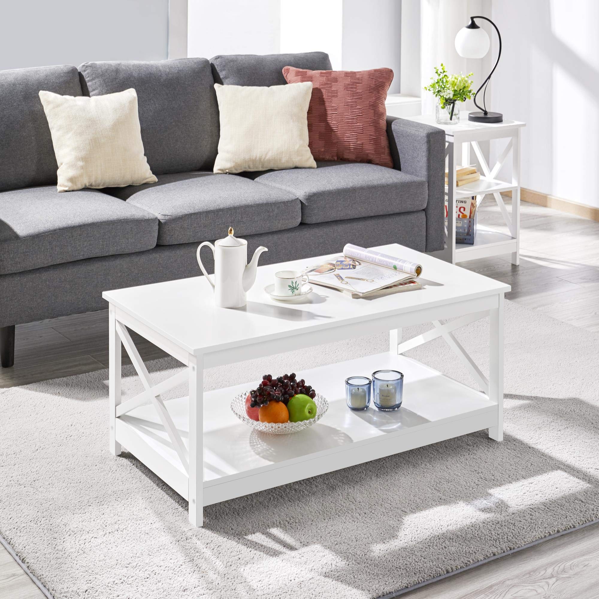 Modern X Design White Coffee Table - 2-Tier Wooden Cocktail Table with Storage Shelf for Living Room, Lounge & Office Use - Stylish Center Table for Home Decor & Small Space Furniture
