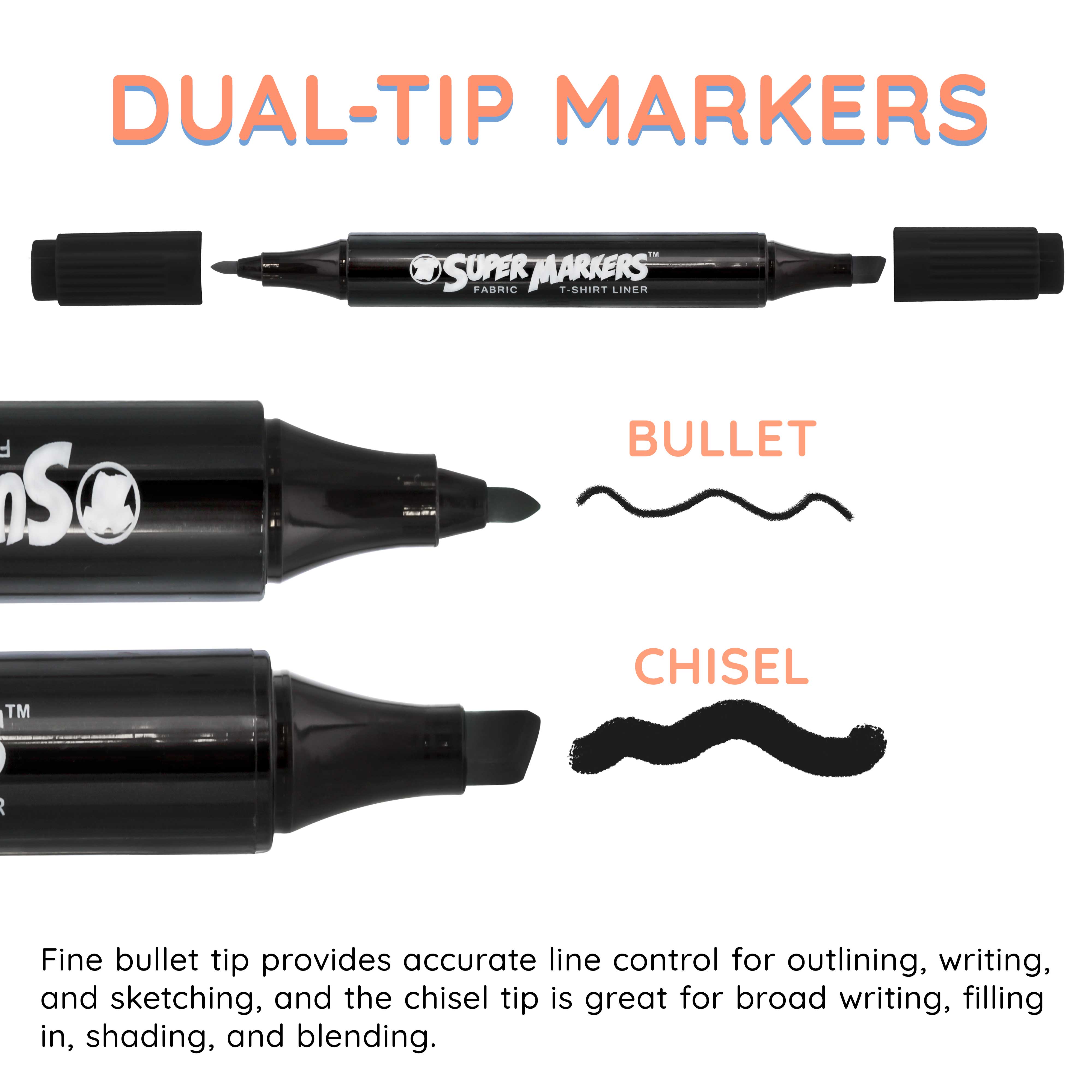 Premium Black Dual Tip Fabric & T-Shirt Markers Set of 6 - Double Ended Chisel & Fine Point Markers for DIY Crafts, Custom Clothing, and Fabric Art Projects