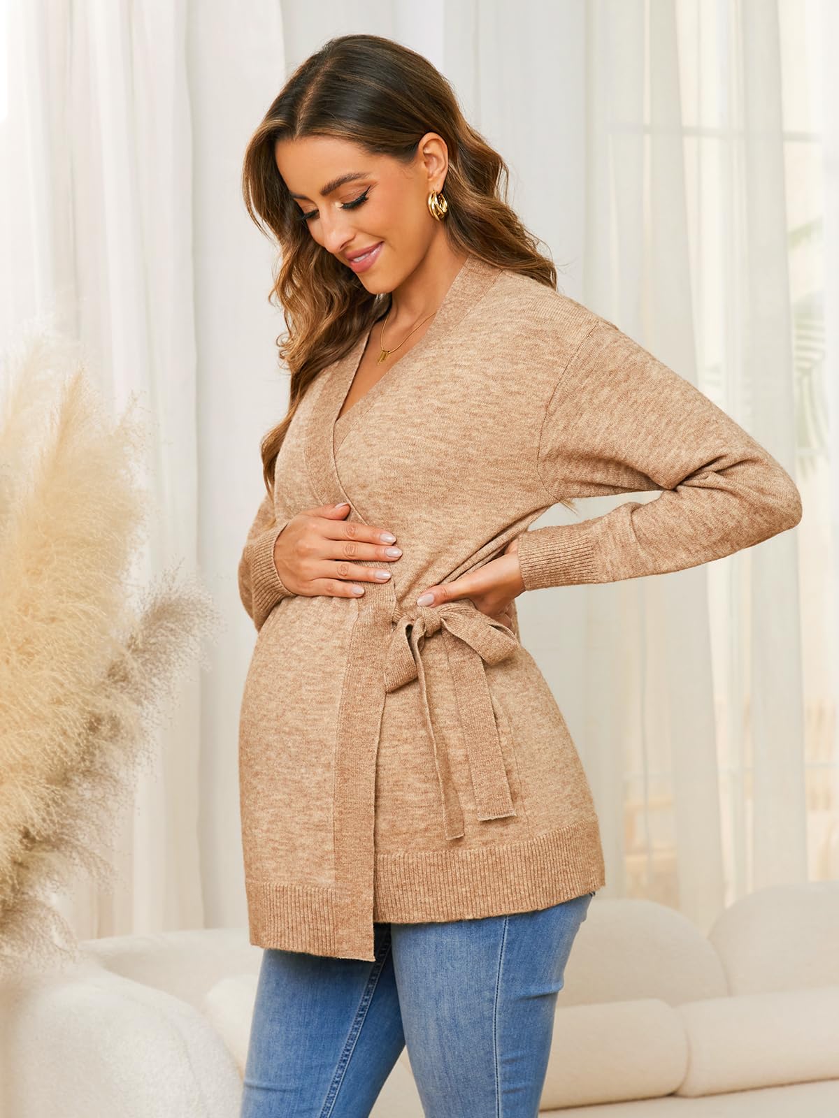 Liu & Qu Women's V-Neck Maternity Sweater - Soft Tie Front Wrap Knit Top for Pregnancy - Comfortable Nursing Clothes for Moms | Perfect for Work, Dates & Everyday Wear