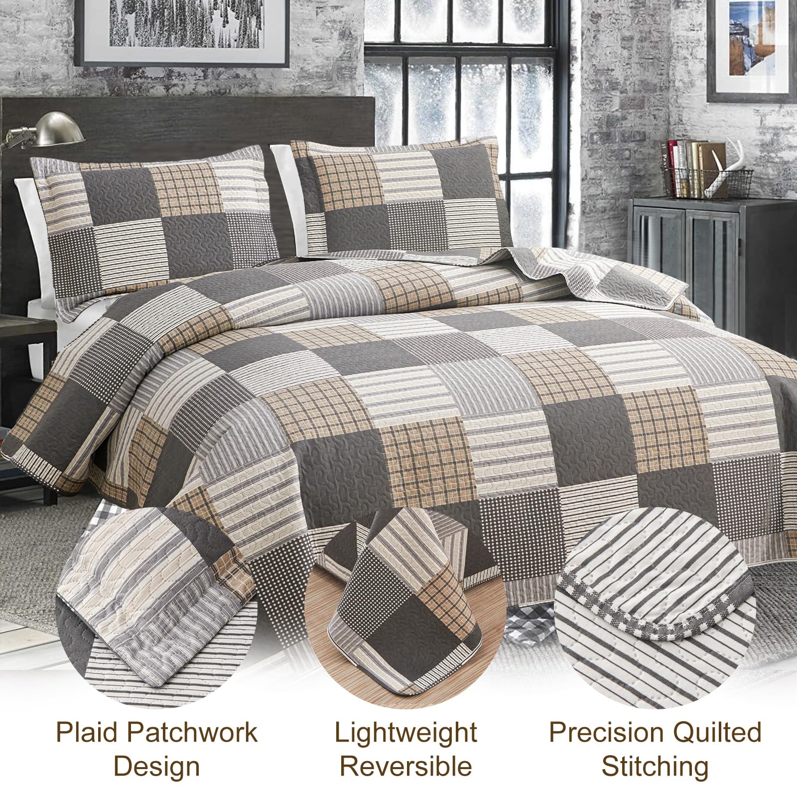 **King Size Plaid Quilt Set - Reversible Lightweight Microfiber Bedspread Coverlet for Boys & Men, Brown White Patchwork Design, All Season Soft Bedding - Perfect for Bedroom, Dorm, or Guest Room**