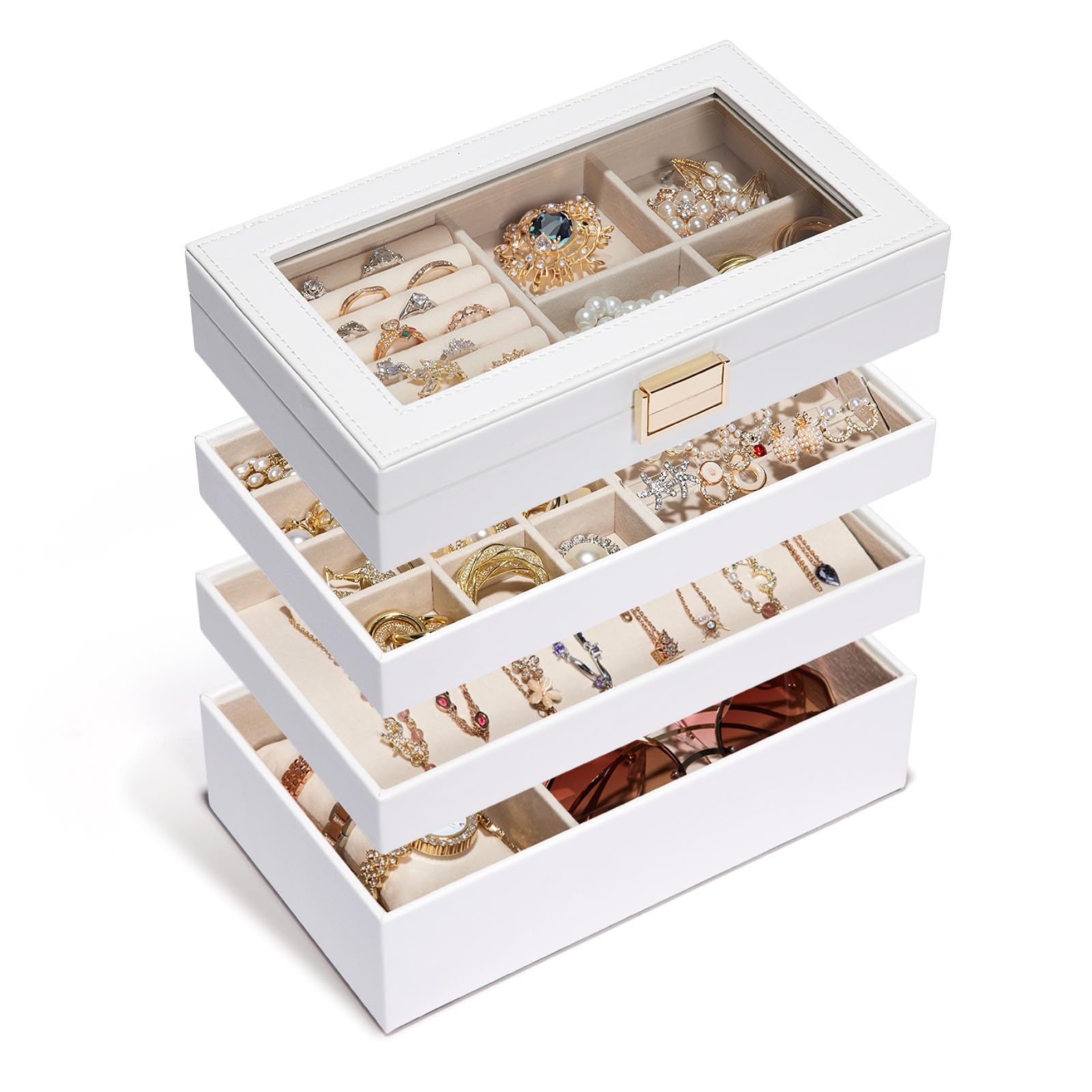 Homde Stackable Jewelry Organizer Box with Glass Lid & Removable Dividers - White Jewelry Tray for Necklaces, Rings, Earrings - Perfect Vanity Table Storage & Gift for Women and Girls