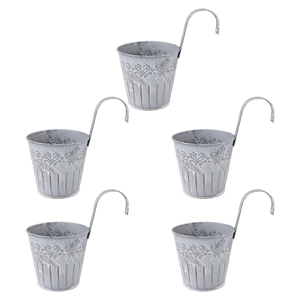 Happyyami 5 Pack Hanging Flower Pots with Hooks - Iron Balcony Planters, Metal Buckets for Outdoor Railing, Fence, Window, Patio & Garden Decor (Silver, 14cm) - Perfect for Small Space Gardening & Vertical Greenery Displays