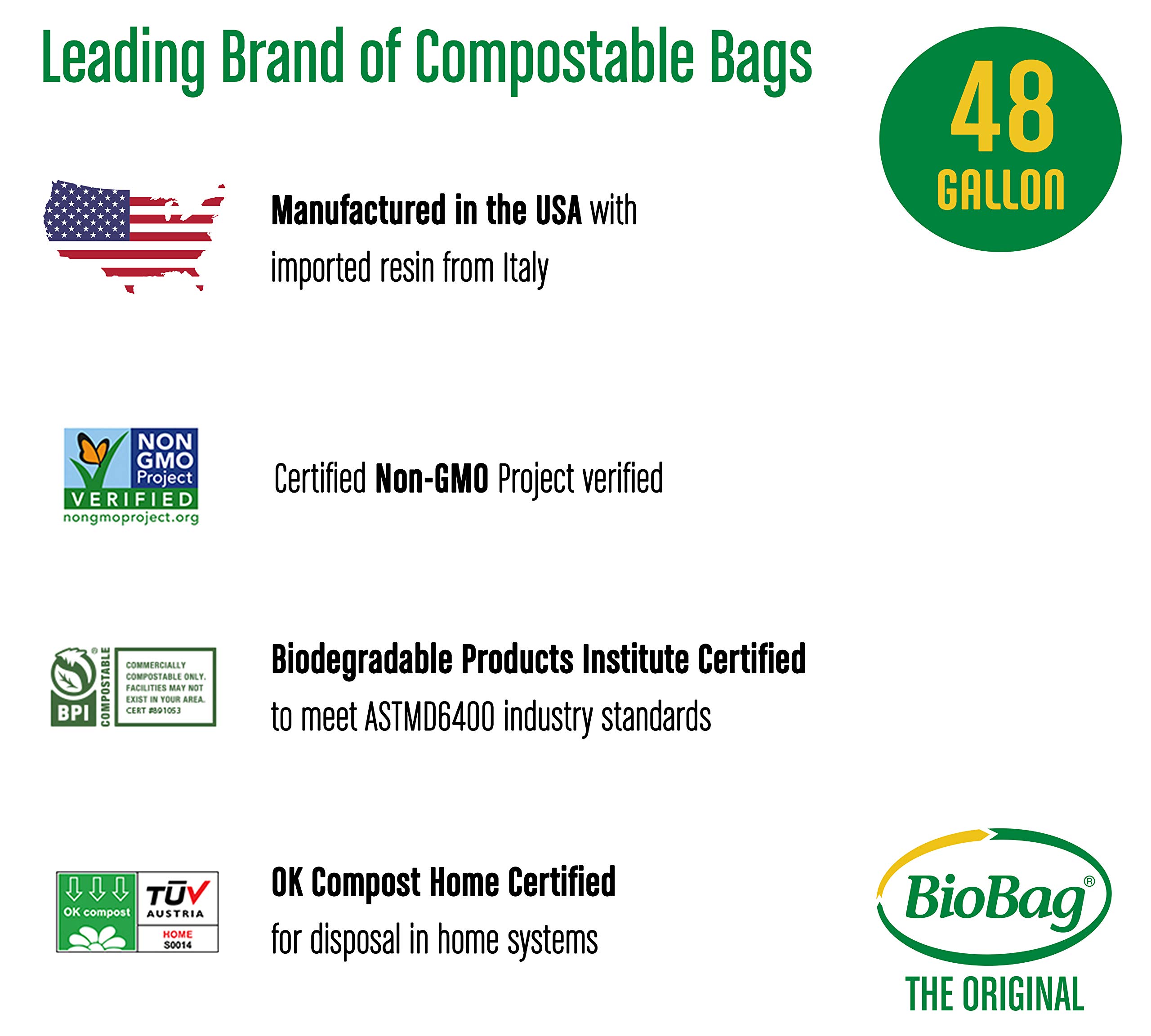 BioBag (USA) 48 Gallon Compostable Trash Bags - 80 Count, 100% Certified Compostable Food Waste Bags, Extra Strong & Durable Kitchen Compost Liners for Organic Waste Disposal, Home & Garden Use