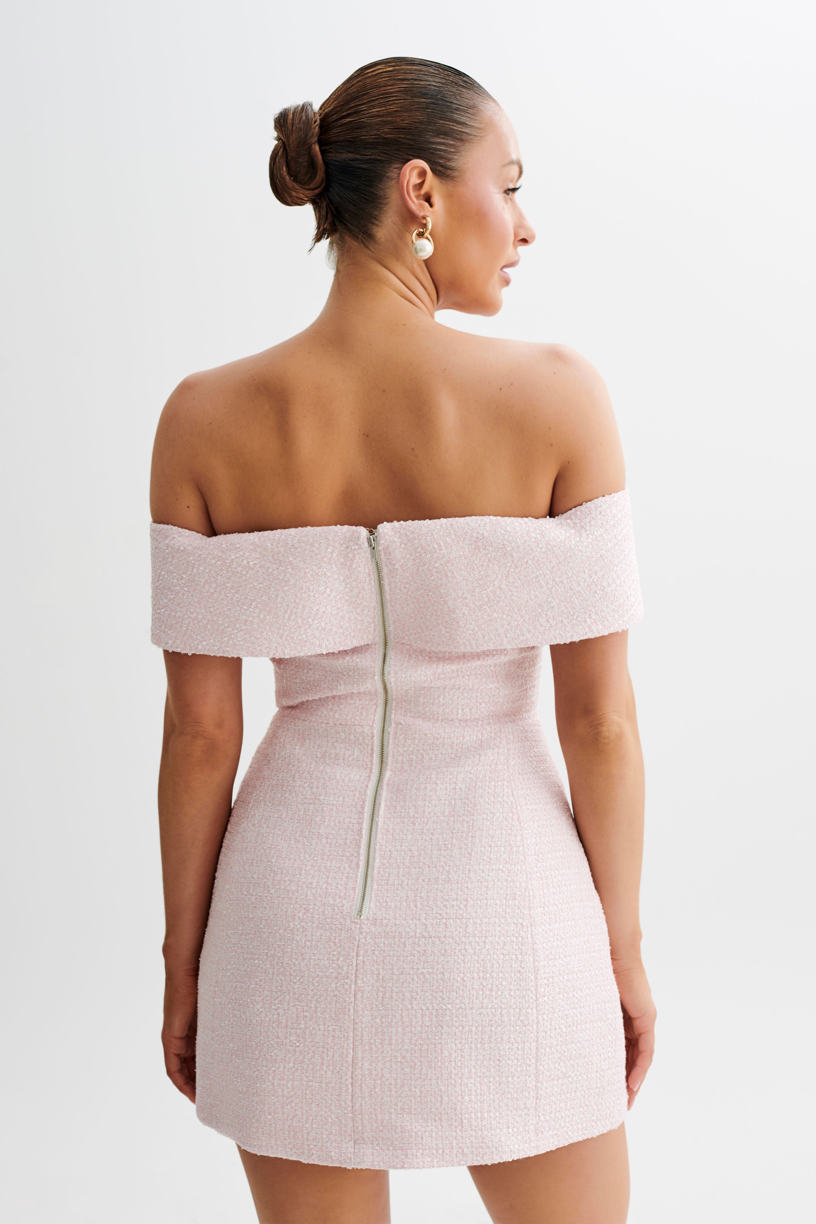 Helena Tweed Off Shoulder Mini Dress for Women - Elegant Pink Cocktail Party Dress for Date Night, Wedding Guest & Special Occasions