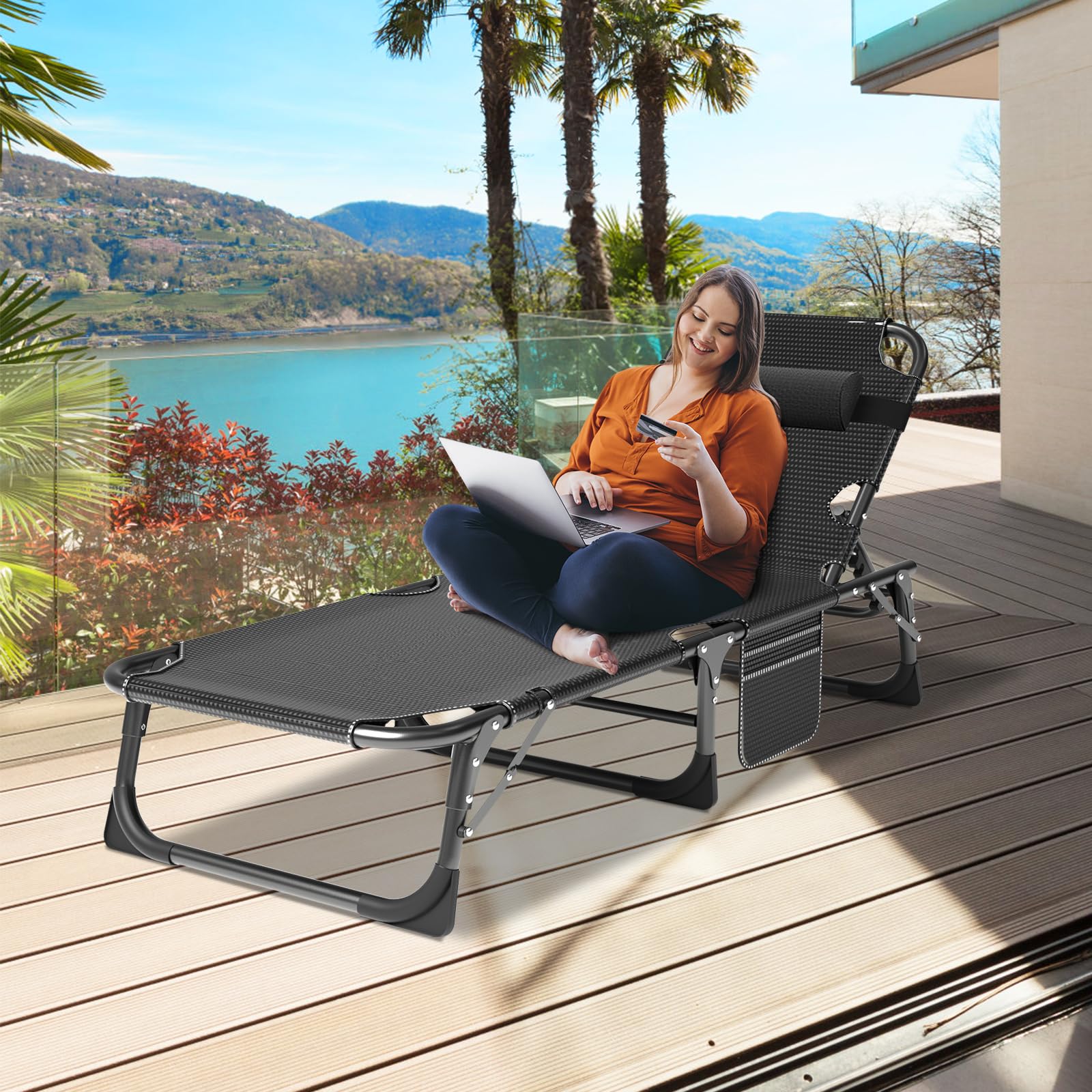 5-Position Reclining Folding Chaise Lounge Chair - Portable Outdoor Patio Sunbed for Adults - Perfect for Poolside, Beach, Camping, Backyard & Sunbathing - Lightweight & Durable for Travel & Relaxation