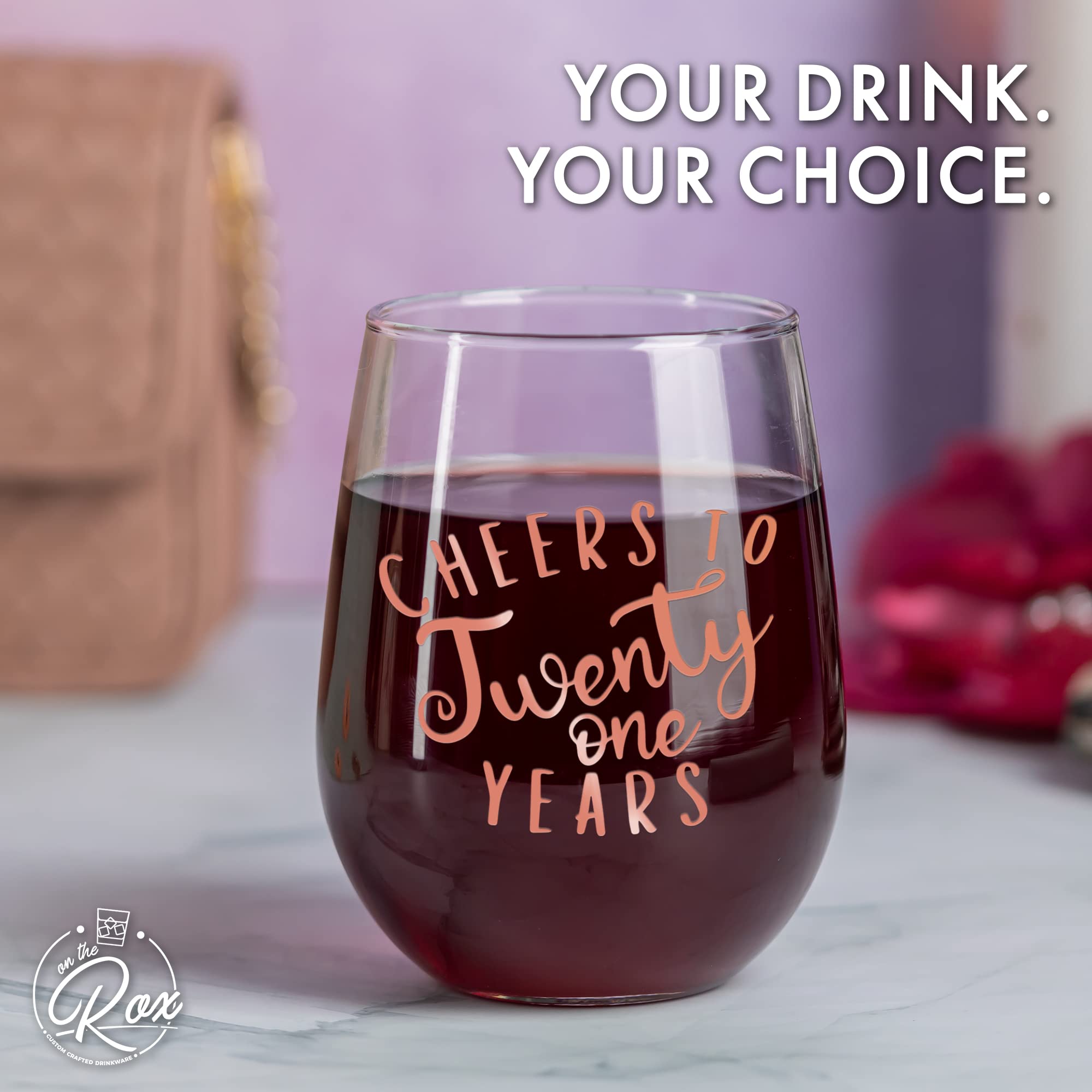 21st Birthday Stemless Wine Glass - Cheers to 21 Years Rose Gold Printed 17oz Wine Cup - Perfect Gift for Women, Friends, Sisters Turning 21 - Great for Birthday Parties, Celebrations & Girls Night Out