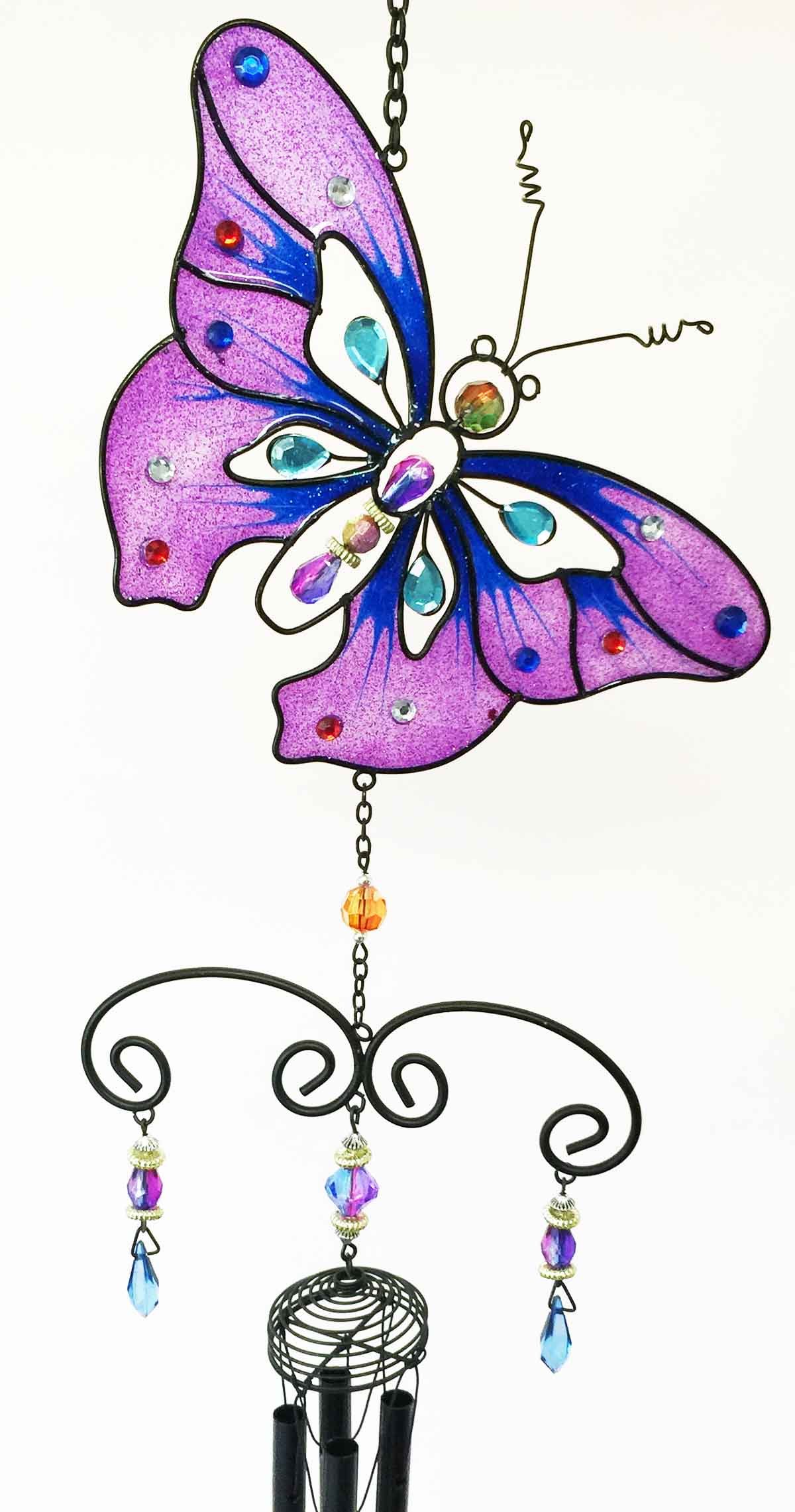 Purple Butterfly Wind Chime - Copper Glass Gem Decor for Garden & Patio