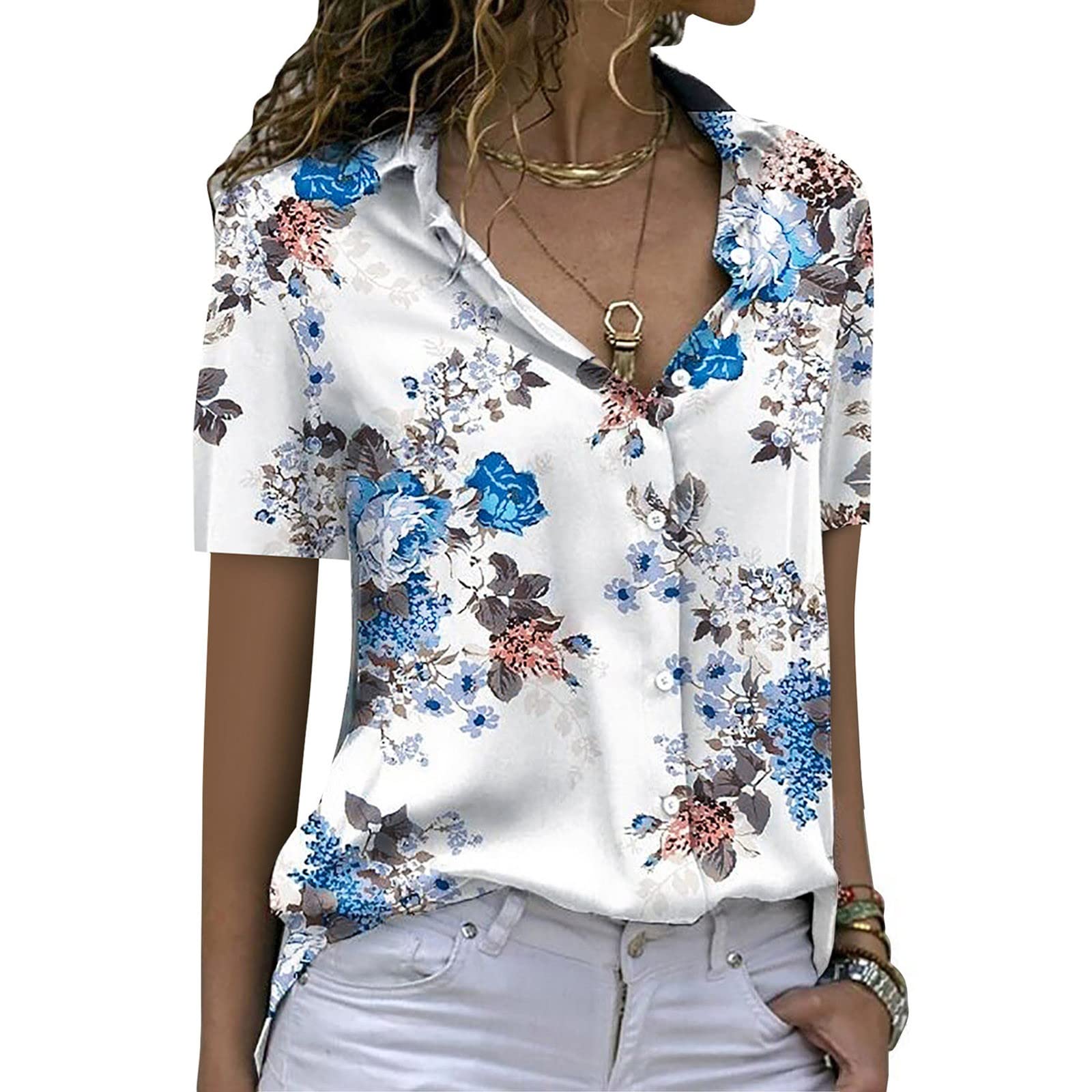 Women's Short Sleeve Printed Casual Button Down Blouse - Colorful Loose Collar Essential Top for Work, Travel & Everyday Wear