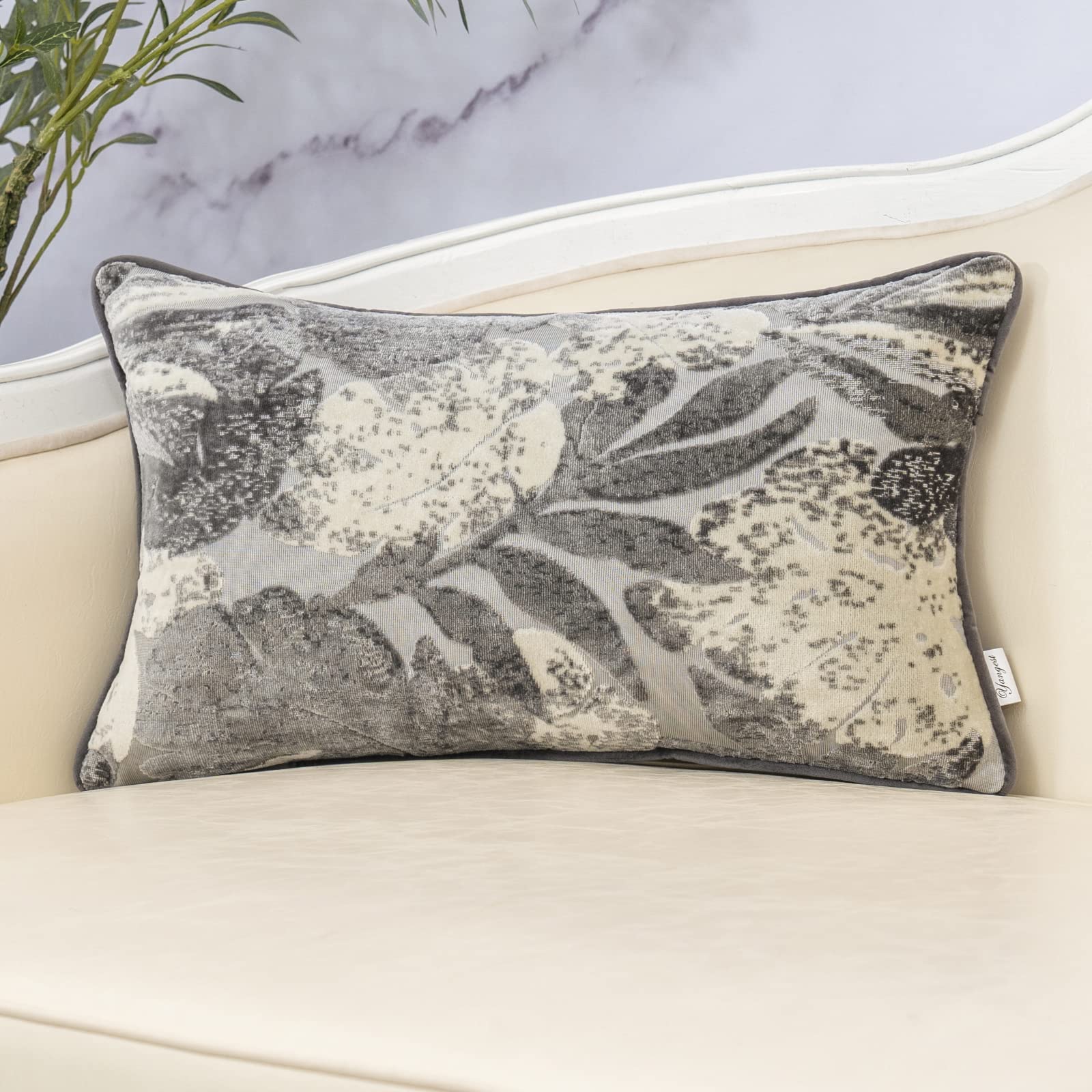 Yangest Grey Leaf Rectangle Velvet Pillow Cover 12x20 Inch - Luxury Modern Cushion Cover for Sofa, Living Room, Bedroom Decor - Perfect for Home Styling and Cozy Comfort