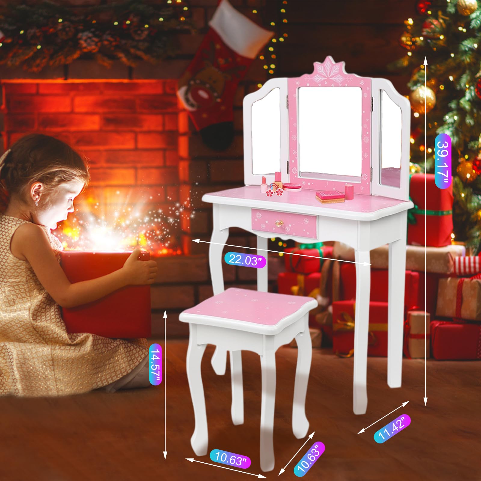 BELANITAS Kids Vanity Set with Mirror - Tri-Folding Vanity Table & Chair Set for Girls, Pink Princess Makeup Dressing Table with Drawer & Stool, 2-in-1 Toy Storage & Play Set - Perfect for Birthday Gifts, Pretend Play & Bedroom Decor