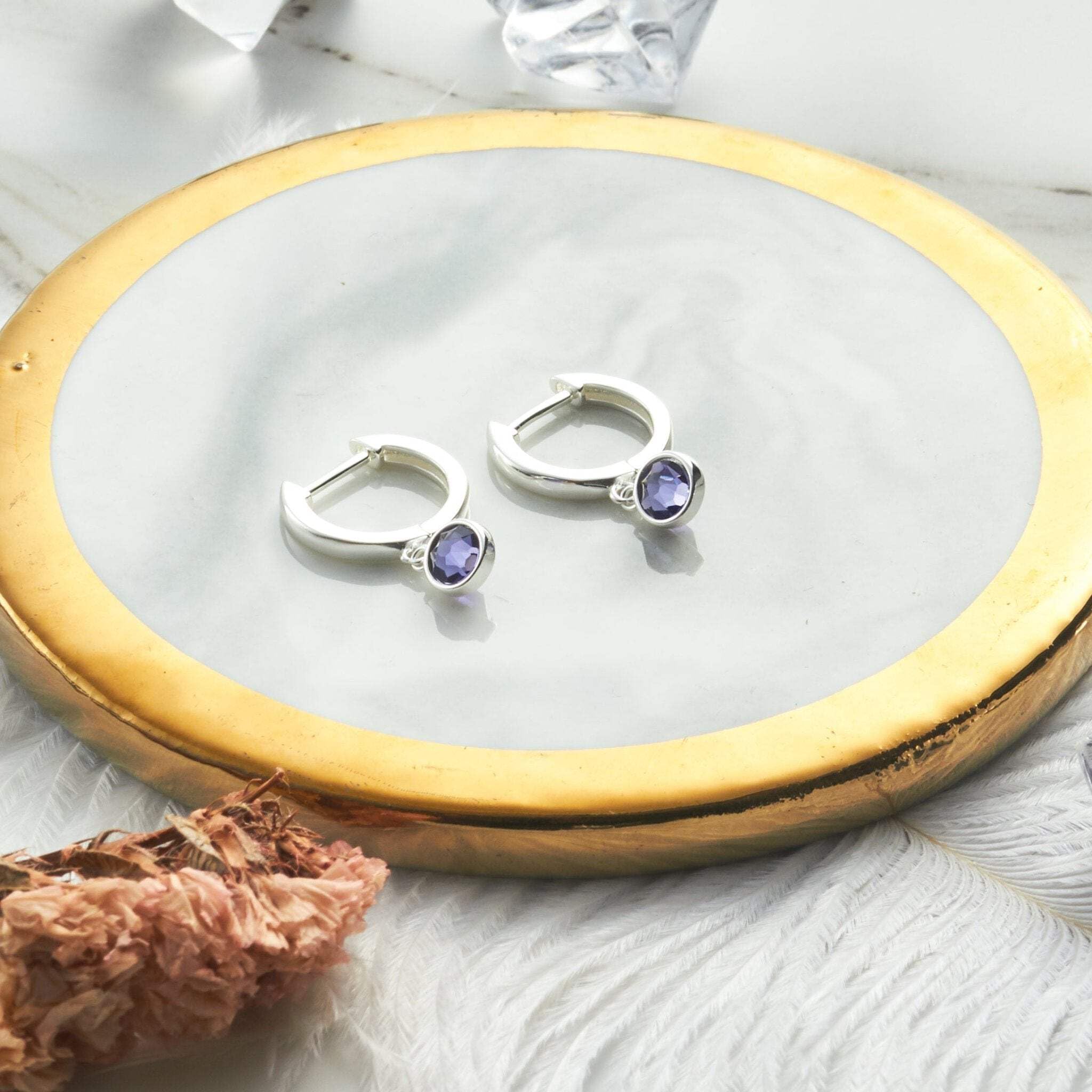 Amethyst Hoop Earrings with Zirconia - February Birthstone Jewelry for Women