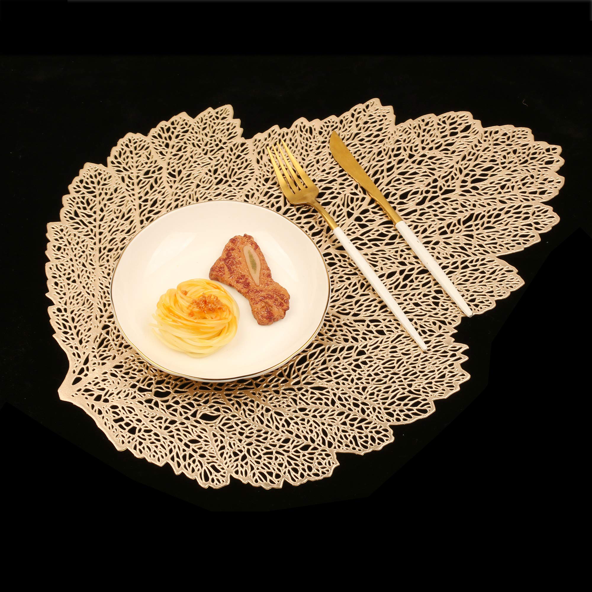 Homcomoda 6-Pack Heat Insulation Leaf Placemats for Dining Table - Woven PU Washable Table Mats in Gold - Perfect for Holiday Dinners, Parties & Everyday Use