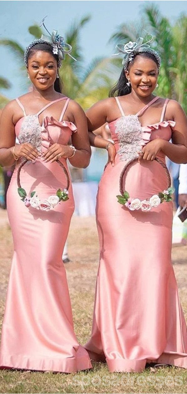 Elegant Pink Mermaid Bridesmaid Dress with Spaghetti Straps & Lace Applique - WG1186 | Perfect for Weddings, Formal Events & Special Occasions