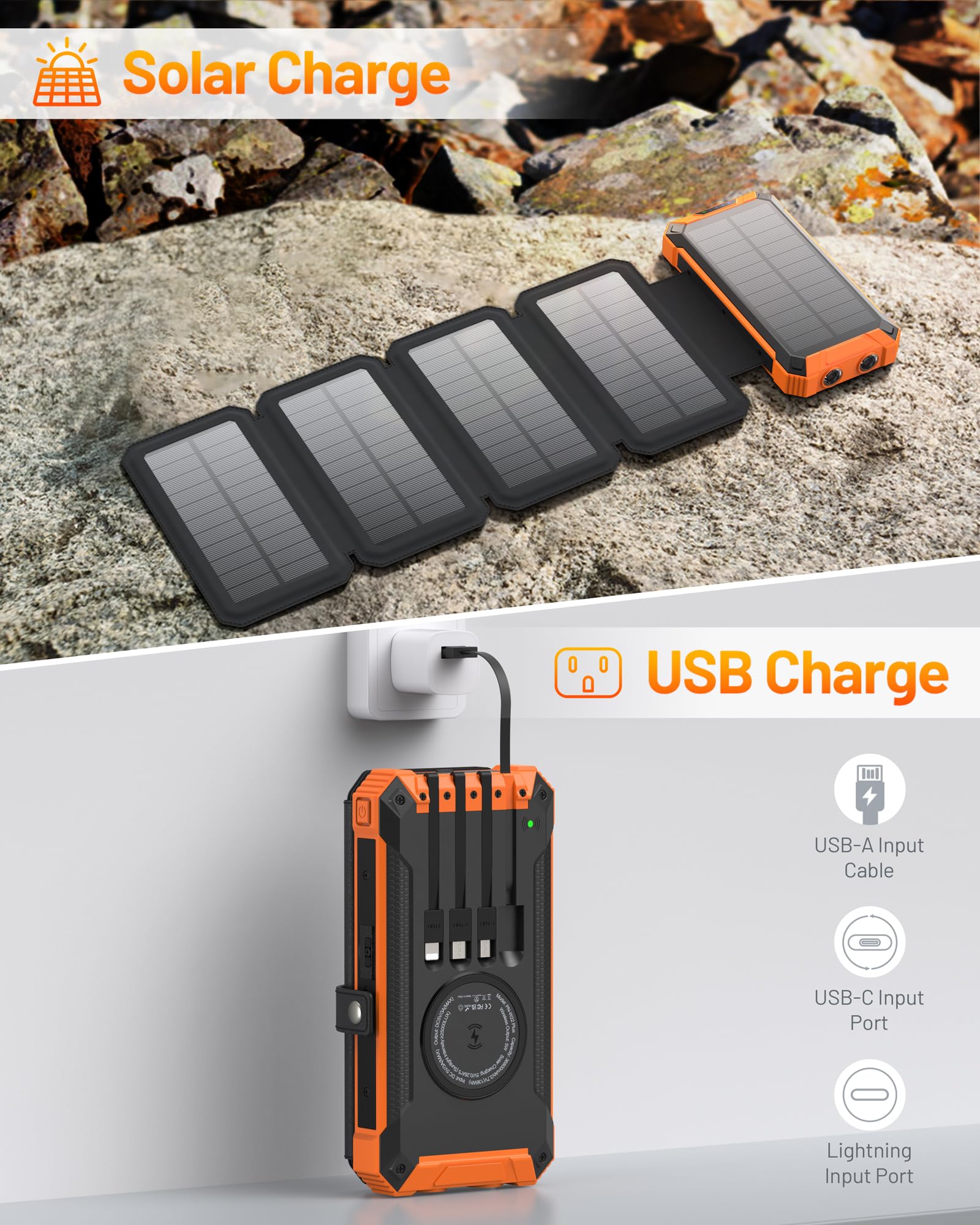 GOODaaa 42800mAh Solar Power Bank with 5 Solar Panels & Wireless Charging | Portable Solar Charger for Camping, Hiking, Emergency Power Outages