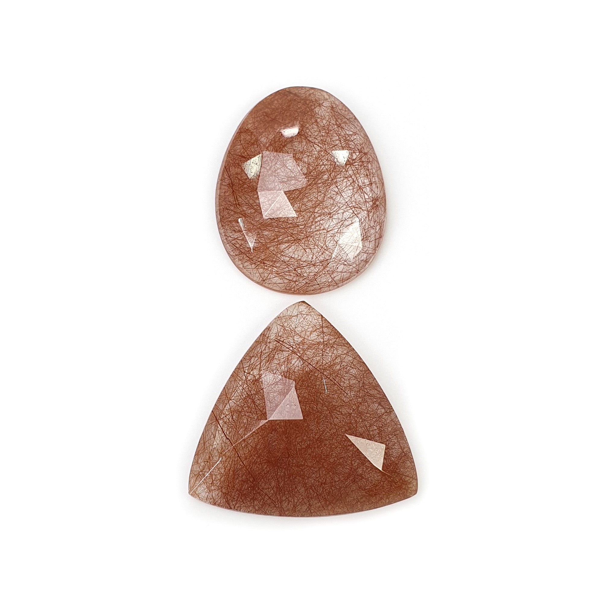 Natural Brown Rutile Quartz Gemstone - 31.00cts Untreated Rose Cut Triangle & Egg Shape (23x19mm, 2 Pieces) for Jewelry Making, Healing Crystals & Mineral Collection - Includes Video
