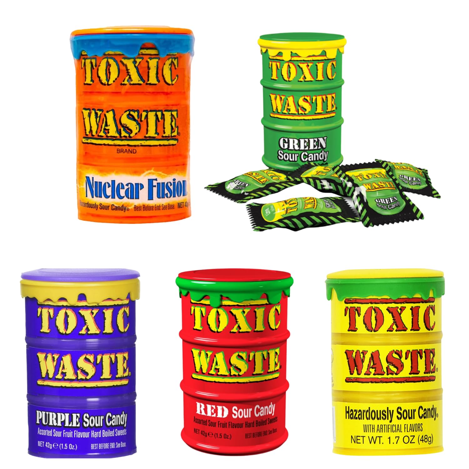 Toxic Waste Candy 5-Pack 210g - Sour Candy Assortment | Extreme Sour Flavors | Original USA Made - Perfect for Parties, Gifts & Prank Challenges