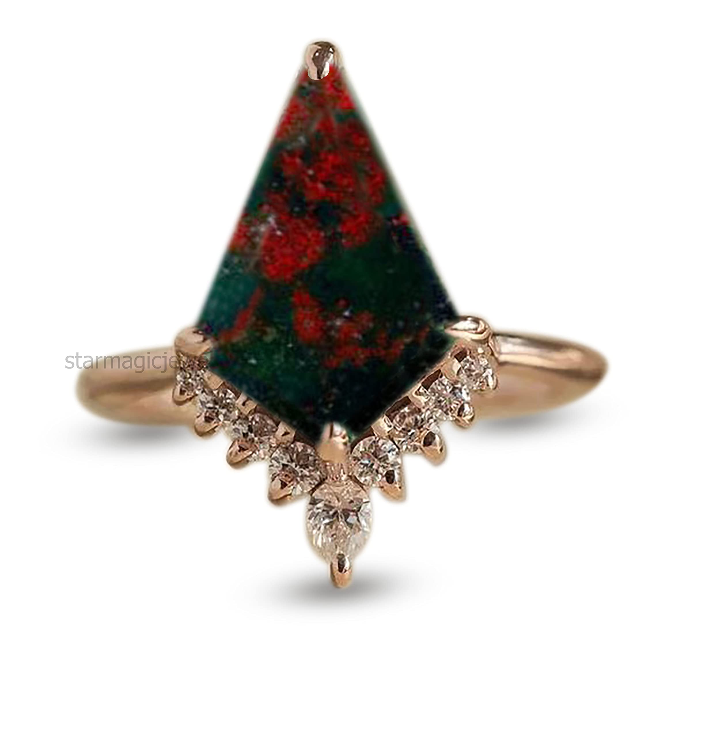 12x7mm Bloodstone Kite Engagement Ring - 925 Sterling Silver & Rose Gold Gemstone Ring for Women | Unique Vintage Wedding Band, Anniversary Gift for Her