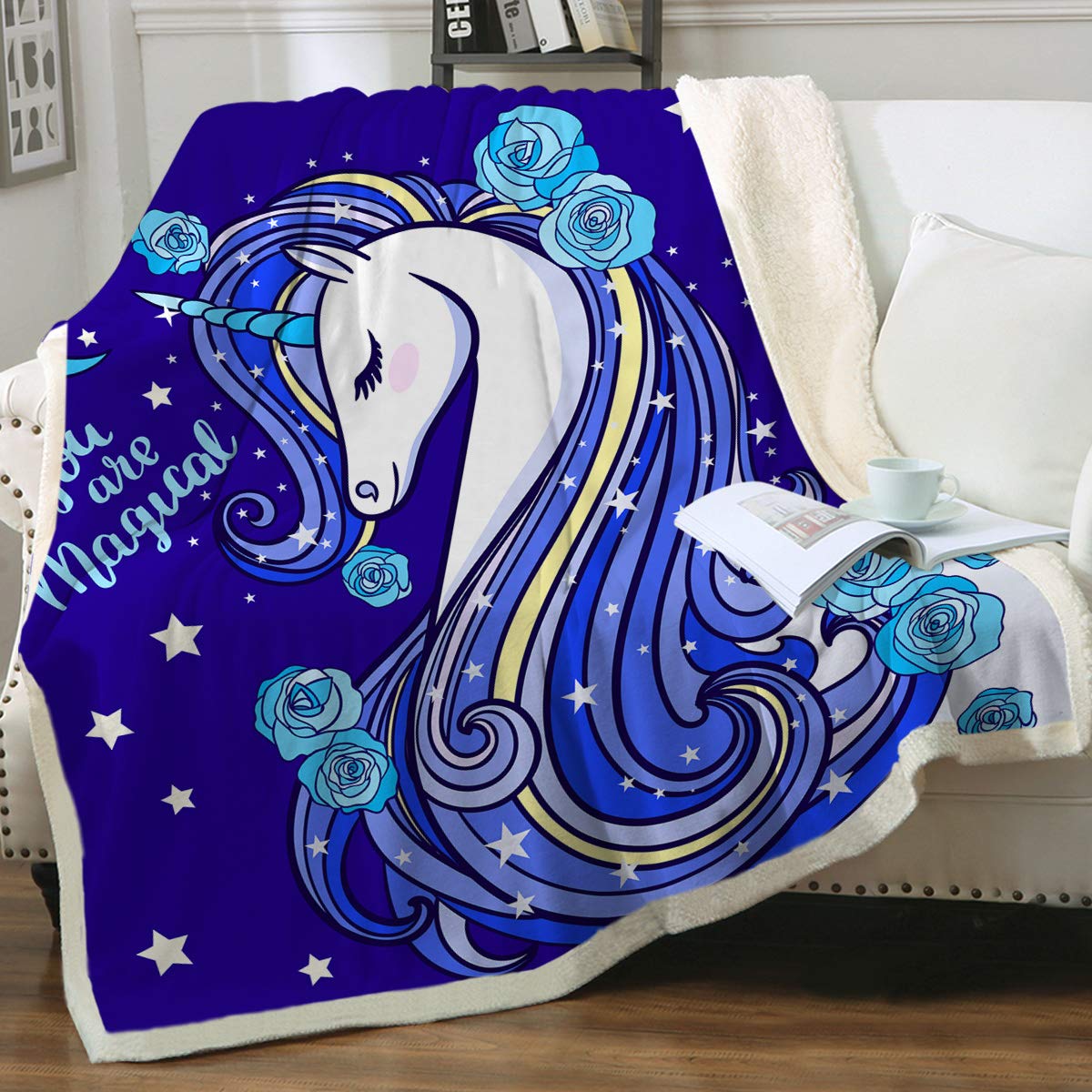 Sleepwish Unicorn Sherpa Fleece Throw Blanket - Ultra Soft Plush Bed Blanket with Long Mane Pattern, 90
