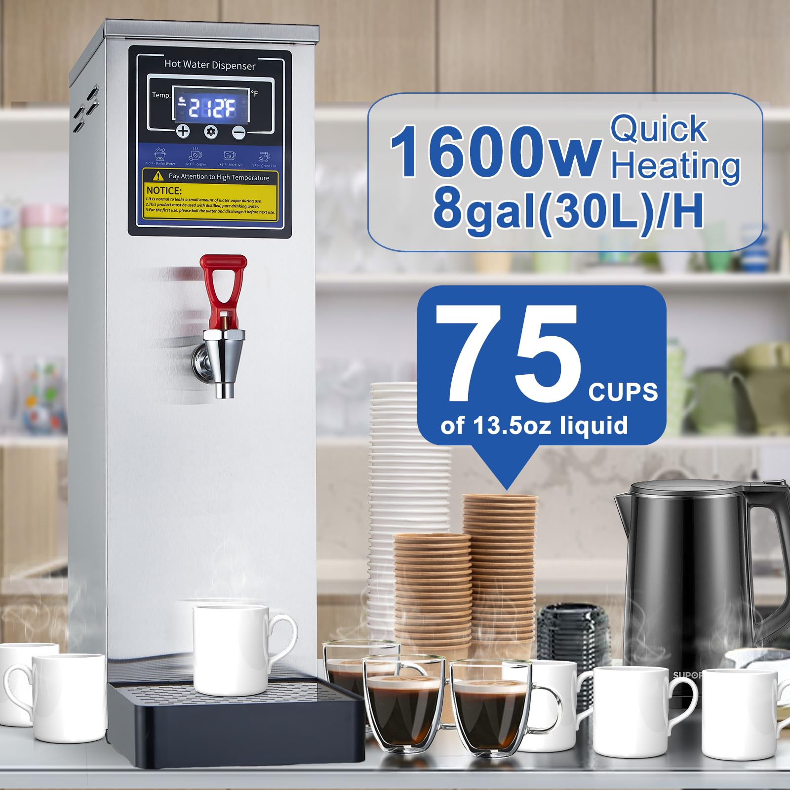Commercial Electric Hot Water Boiler Dispenser 30L (8GAL) 1600W Stainless Steel with Step Heating & Temperature Control (86-212°F) - Perfect for Boba Tea, Coffee, Office, Restaurant, and Commercial Kitchen Use
