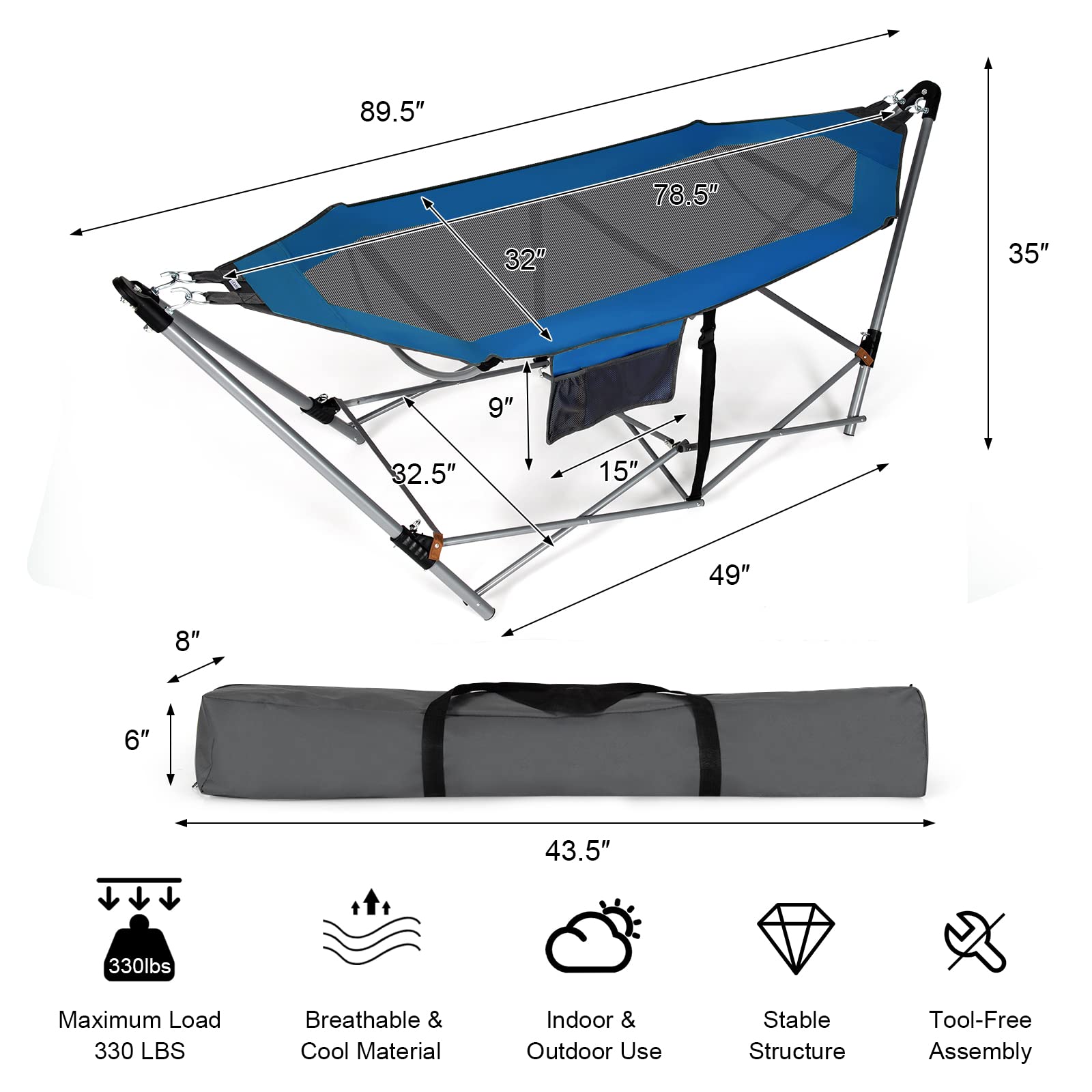 Giantex Portable Folding Hammock Stand with Side Pocket - Heavy Duty Steel Frame Camping Bed for Indoor Outdoor Use - Perfect for Backyard, Patio, Beach & Travel - Anti-Tip Buckles & Iron Stand Included (Blue)