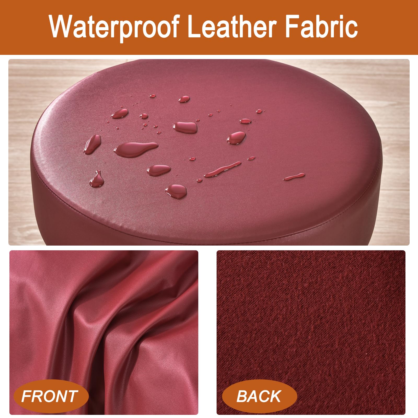 HAOYONG Waterproof PU Leather Bar Stool Covers Set of 2 - Stretch Round Seat Cushion Slipcovers with Non-Slip Bottom for Kitchen, Dining Room & Bar Counter (Red) - Perfect for Home Decor & Restaurant Use