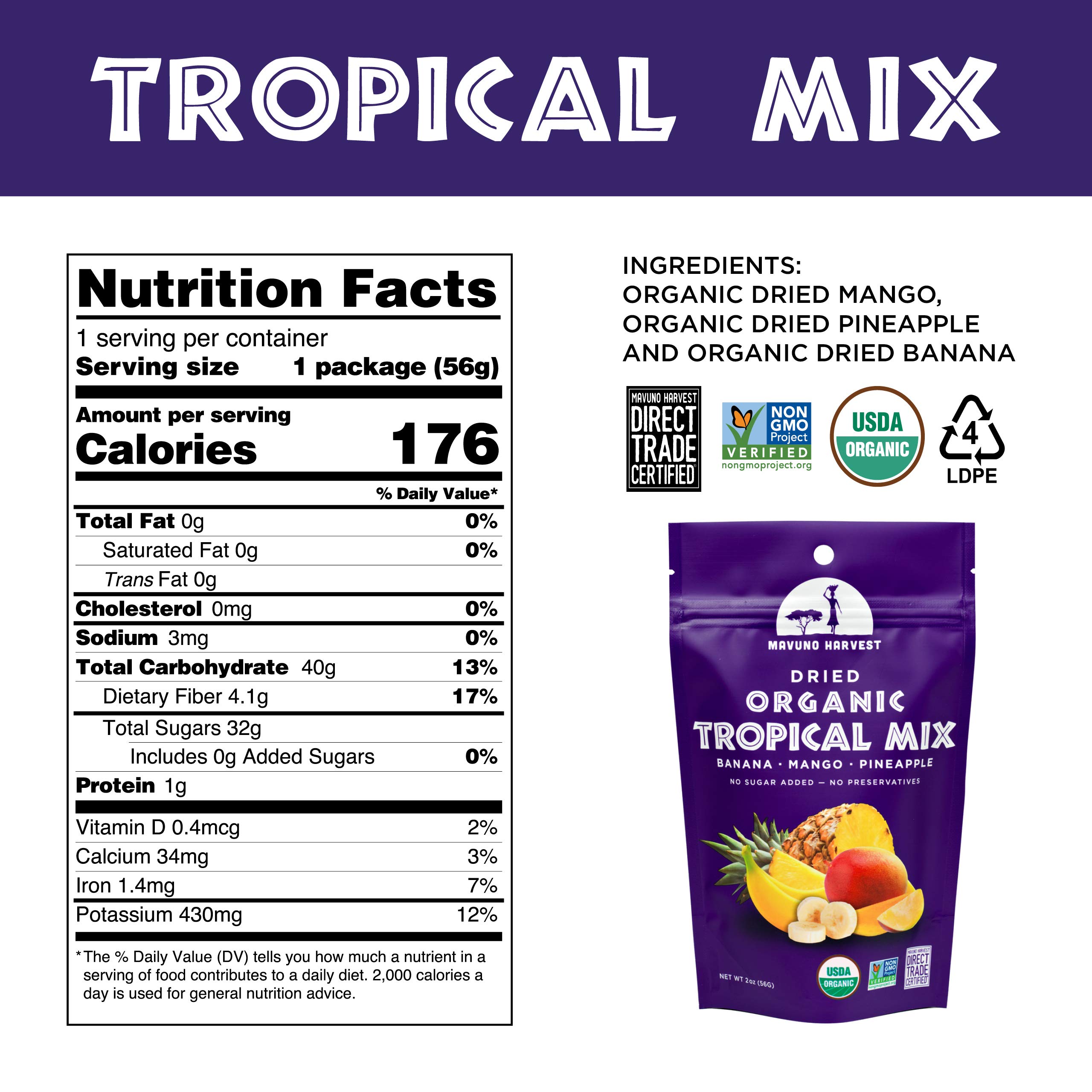 Mavuno Harvest Tropical Mix Dried Fruit Snack | Unsweetened Organic Mixed Dried Fruit | Gluten Free Healthy Snacks for Kids and Adults | No Sugar Added, Vegan, Non GMO | 2 Ounce, Pack of 6 | Perfect for Lunchboxes, Hiking, Office Snacks & Healthy On-the-Go Treats