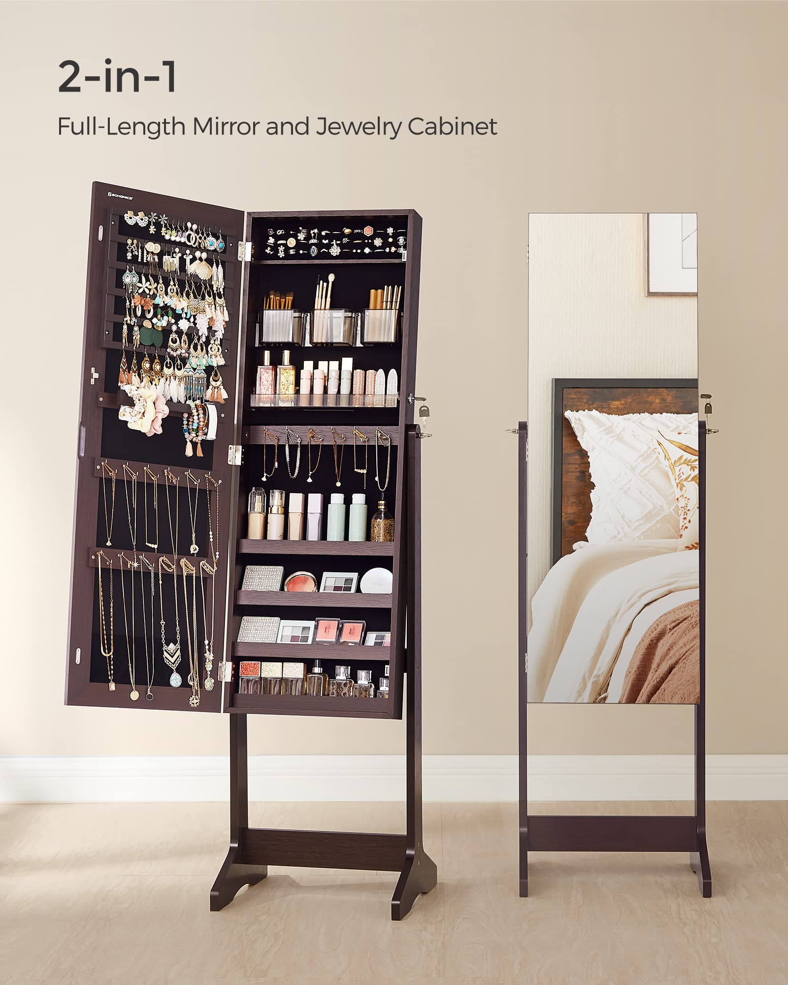SONGMICS Jewelry Cabinet Armoire with Full-Length Mirror - Freestanding Lockable Jewelry Organizer with 2 Cosmetic Drawers, Necklace & Earring Storage - Brown UJJC002K01 - Perfect for Bedroom, Closet & Dressing Room Organization