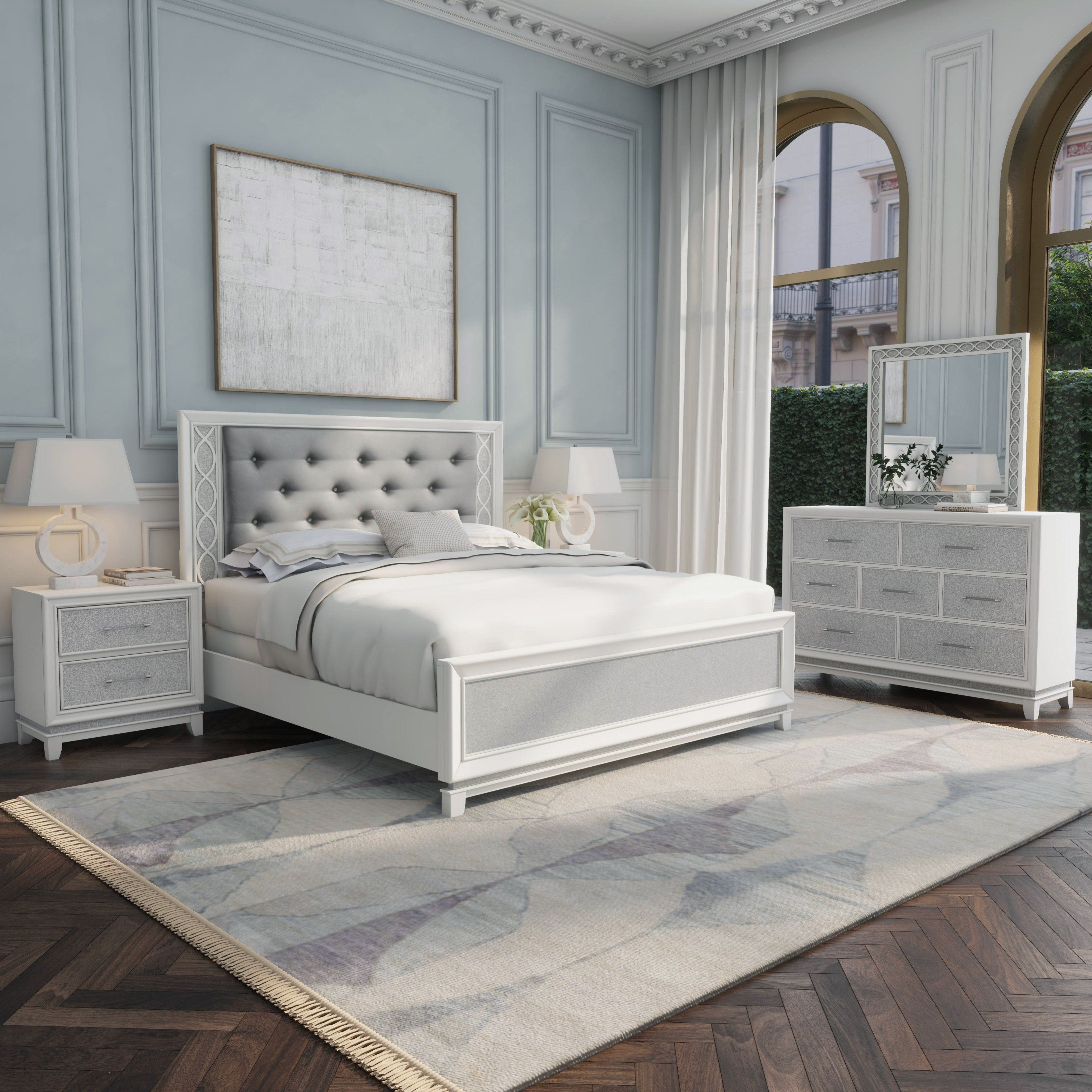 Roundhill Furniture Galaxy Bedroom Set with LED Lights - Pearlized White Finish, Modern Bed Frame with Nightstand & Dresser - Perfect for Contemporary Bedrooms & Teen Rooms