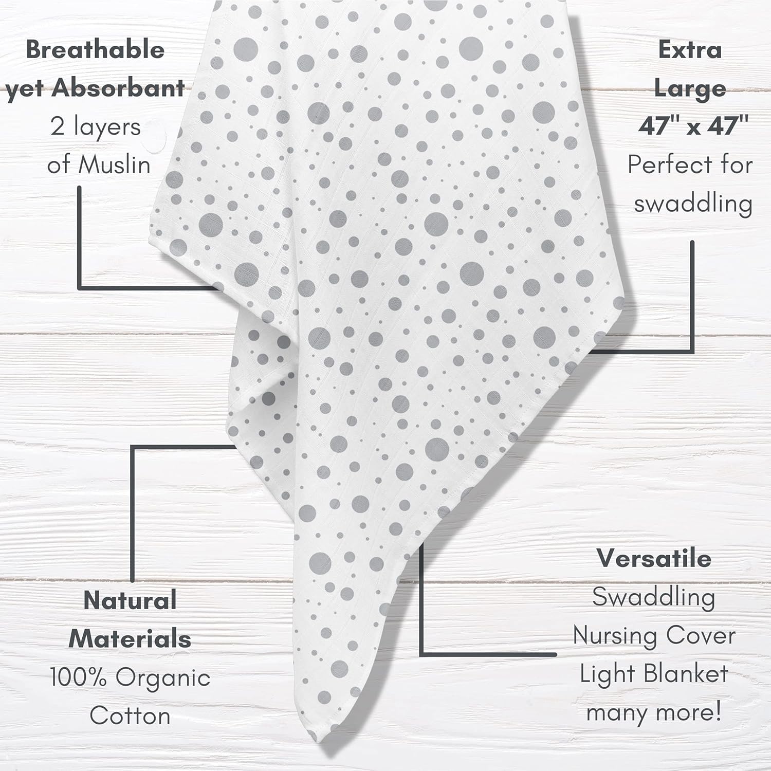 MOZAH Organic Muslin Swaddle Blankets - 100% Soft Breathable Cotton Baby Blanket for Boys & Girls - Newborn Swaddling Wrap, Nursing Cover, Stroller Blanket - Perfect Baby Shower Gift & Registry Essential (Stripes & Dots)