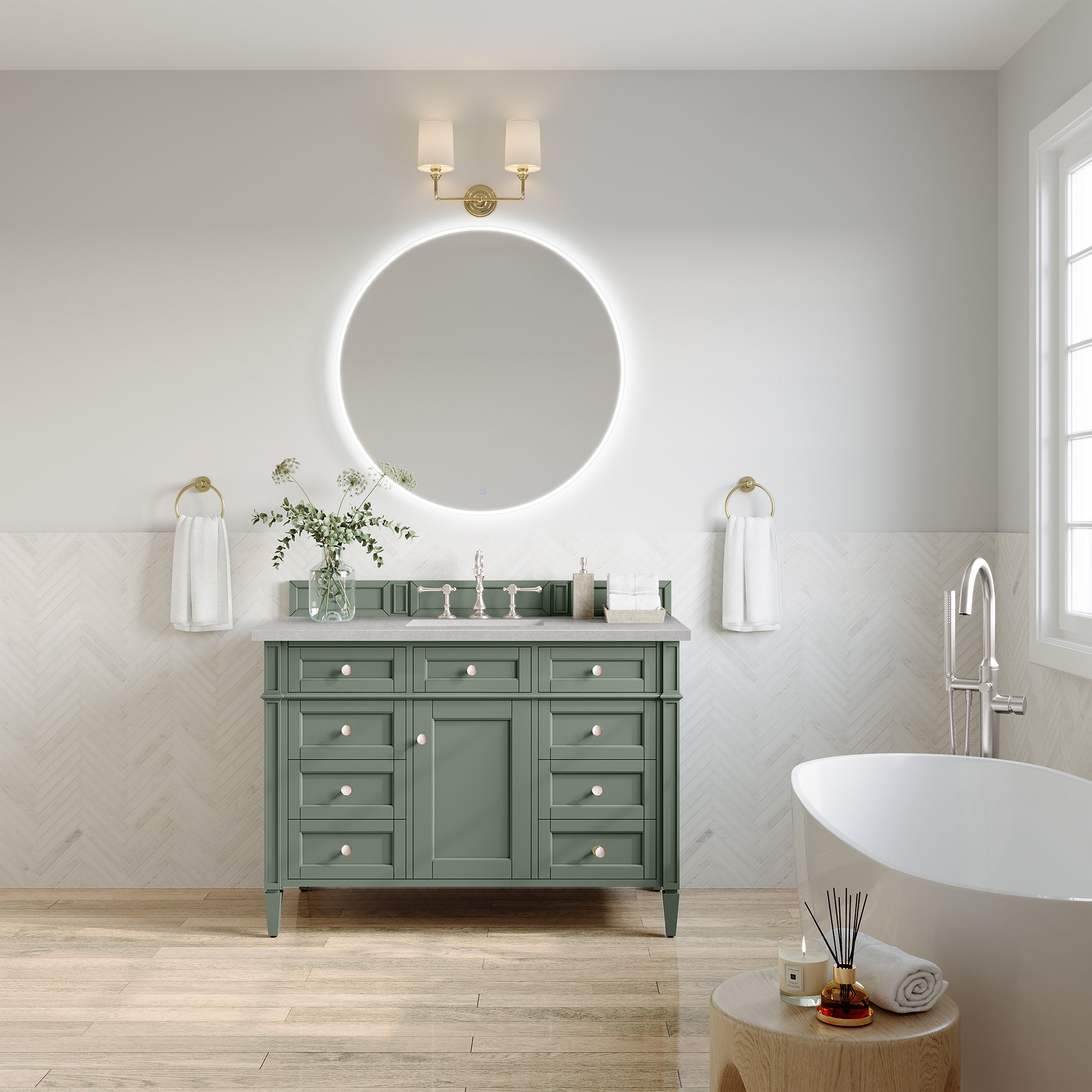 Brittany 48 Inch Single Bathroom Vanity with Smokey Celadon Finish & 3CM Eternal Serena Quartz Top - Perfect for Modern Master Bathrooms and Powder Rooms