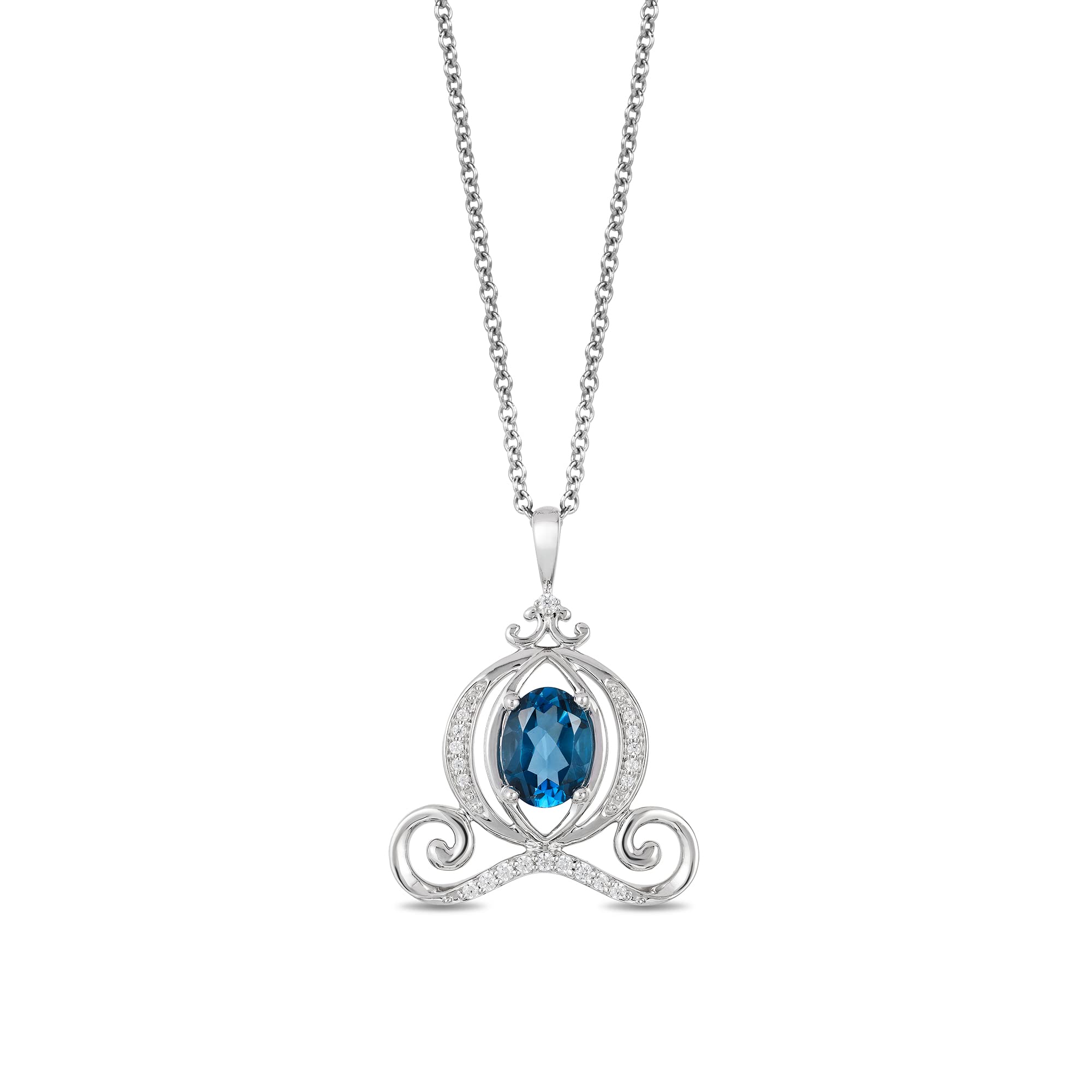 Jewelili Enchanted Disney Fine Jewelry 925 Sterling Silver Cinderella Carriage Pendant Necklace with 1/10 CTTW Diamond & London Blue Topaz - Perfect for Disney Fans, Birthday Gifts & Special Occasions