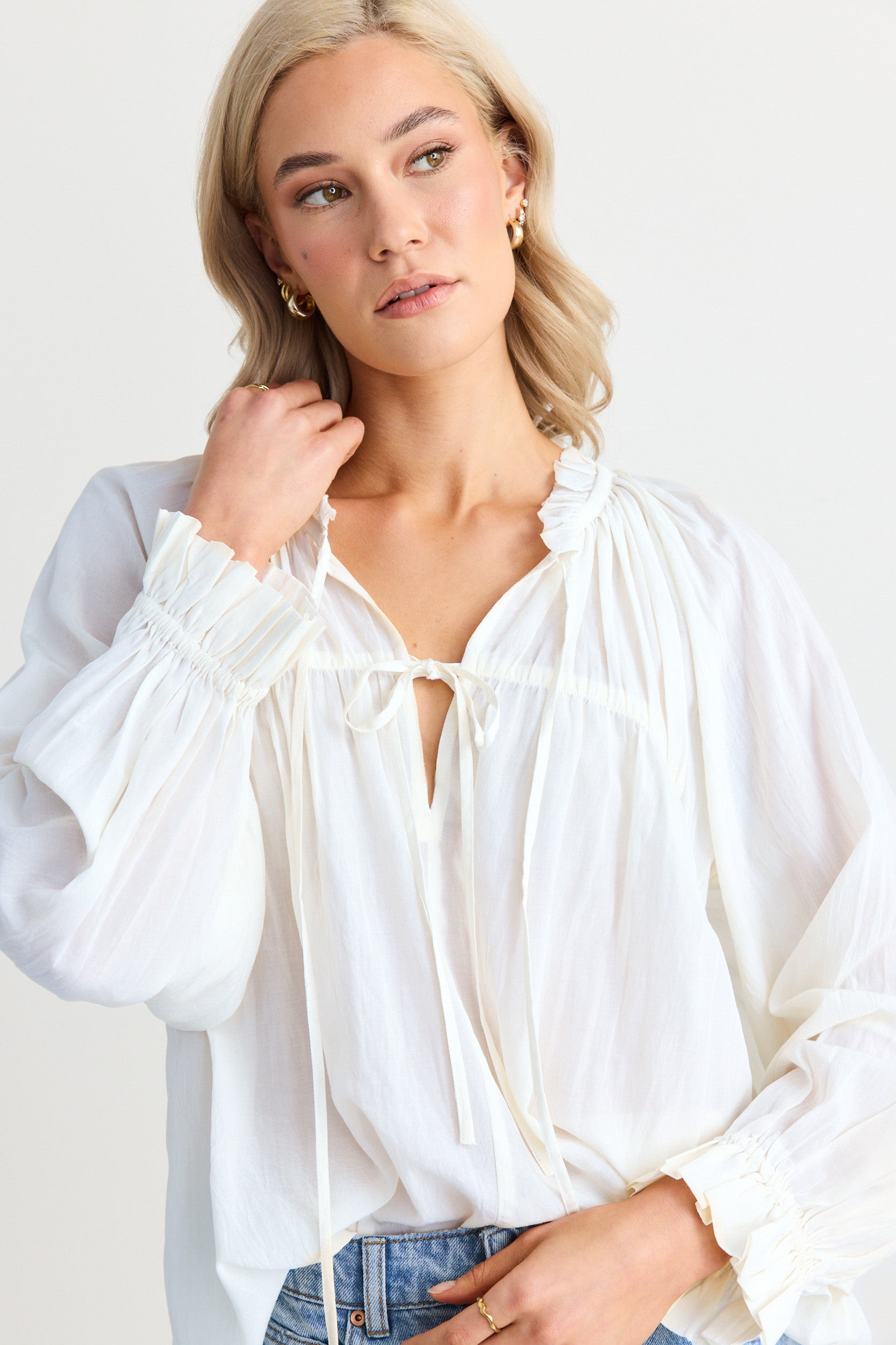 Elegant Ivory Voile Long Sleeve Tie Front Relaxed Gathered Blouse for Women | Boho Chic Loose Fit Tunic Top | Perfect for Casual Outings, Date Nights & Office Wear