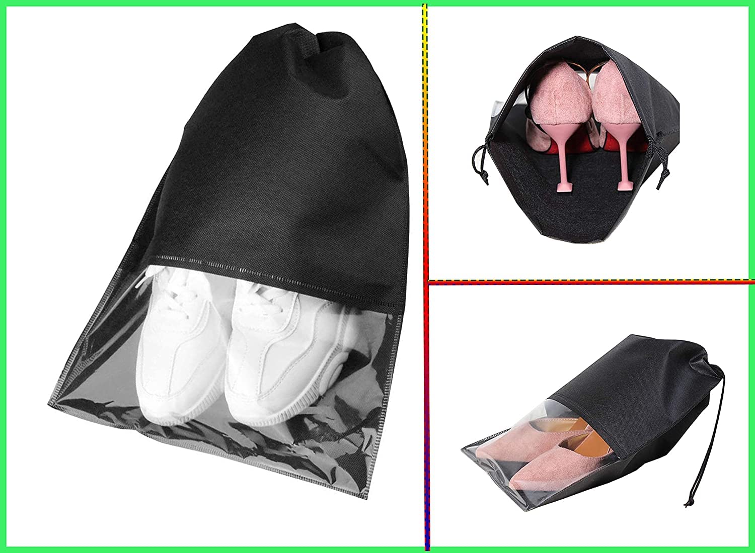 18-Piece Non-Woven Shoe Storage Bags - Travel Shoe Covers & Organizer Pouch Set - Portable Dustproof String Bags for Sneakers, Boots & Sandals - Perfect for Travel, Gym & Home Closet Organization (Black)