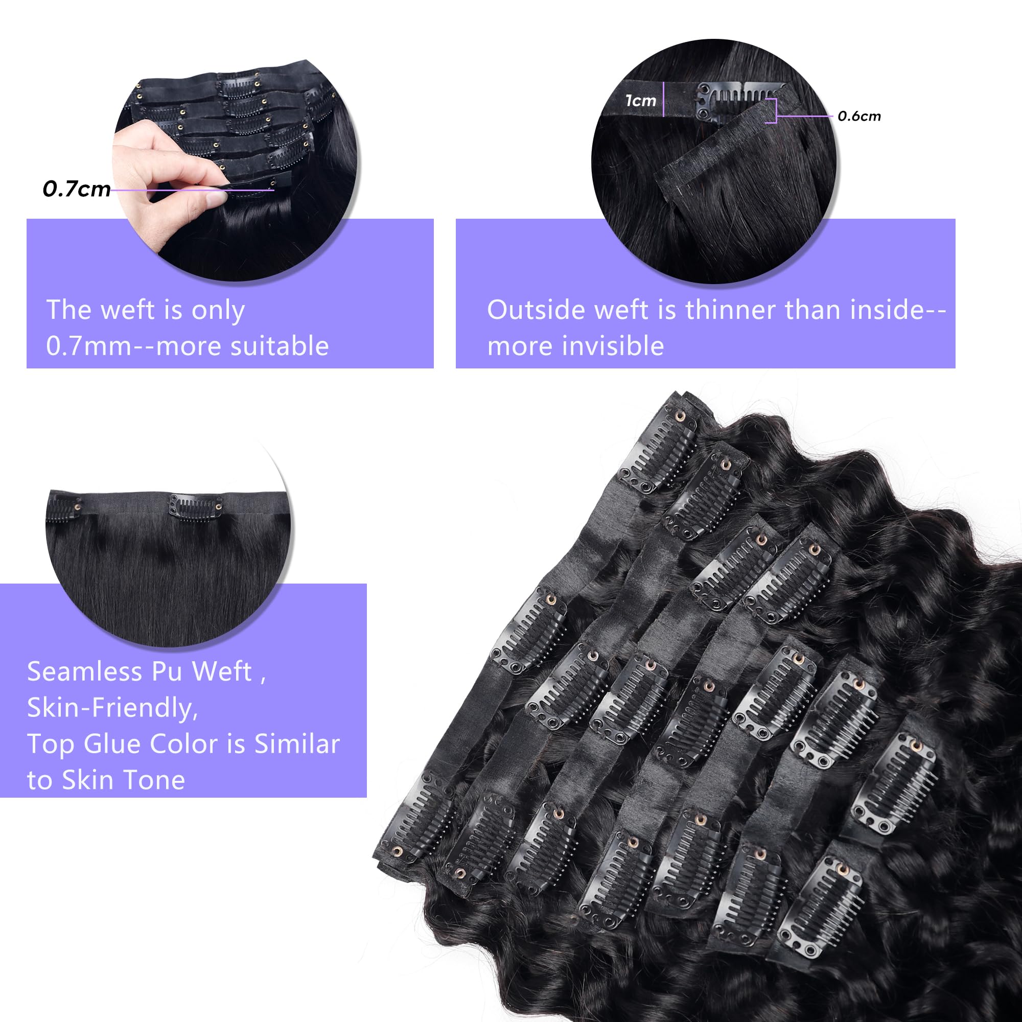8Pcs Brazilian Virgin Human Hair Clip-in Extensions 26inch Deep Wave Natural Black – 120g Remy Hair with 18 PU Clips for Women | Perfect for Parties, Weddings & Daily Styling