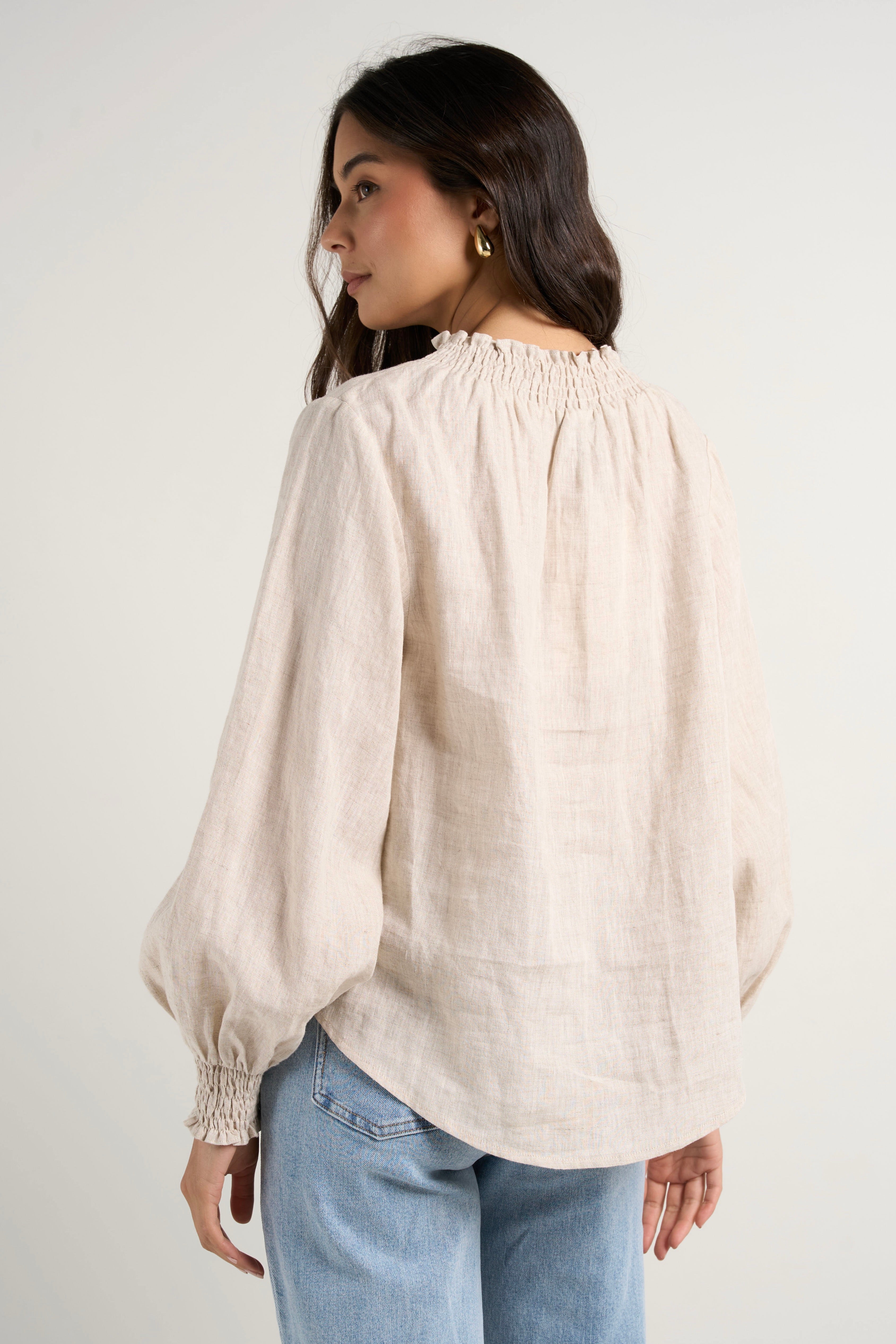 Natural Linen Shirred Neck Long Sleeve Top for Women - Boho Chic Blouse for Casual Wear, Office & Date Nights