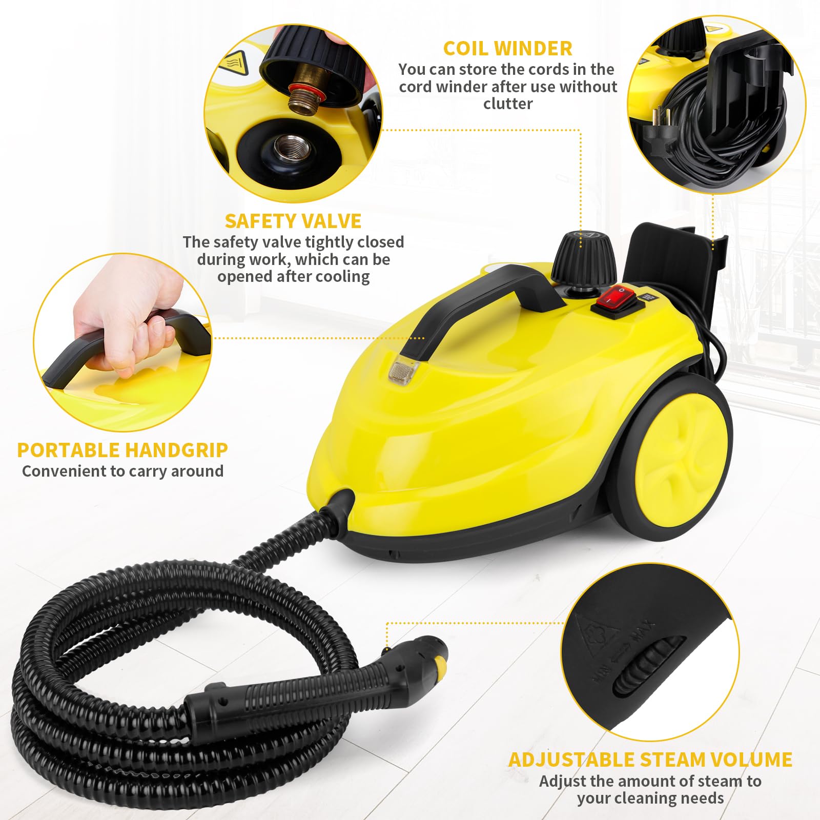 2000W Portable Steam Cleaner with 20 Accessories - Multipurpose Household Steamer for Floors, Kitchen, Appliances, Car & Playground Cleaning - Ideal for Deep Cleaning & Sanitizing (Yellow)