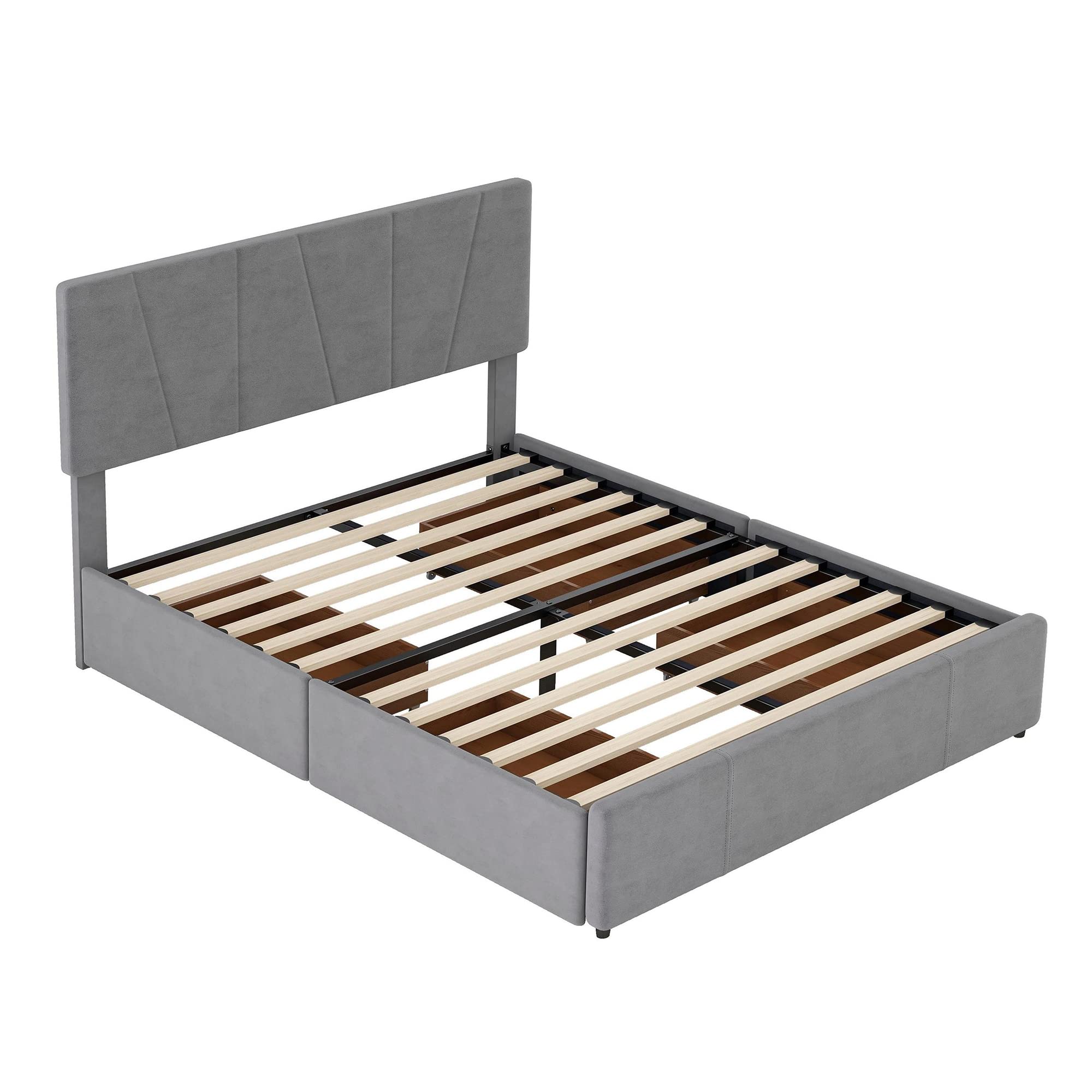 JULYFOX Full Size Velvet Upholstered Bed Frame with Tufted Headboard & 4 Storage Drawers - Heavy Duty 500 lbs Capacity, No Box Spring Needed (Gray) - Perfect for Small Bedrooms, Guest Rooms & Modern Apartments